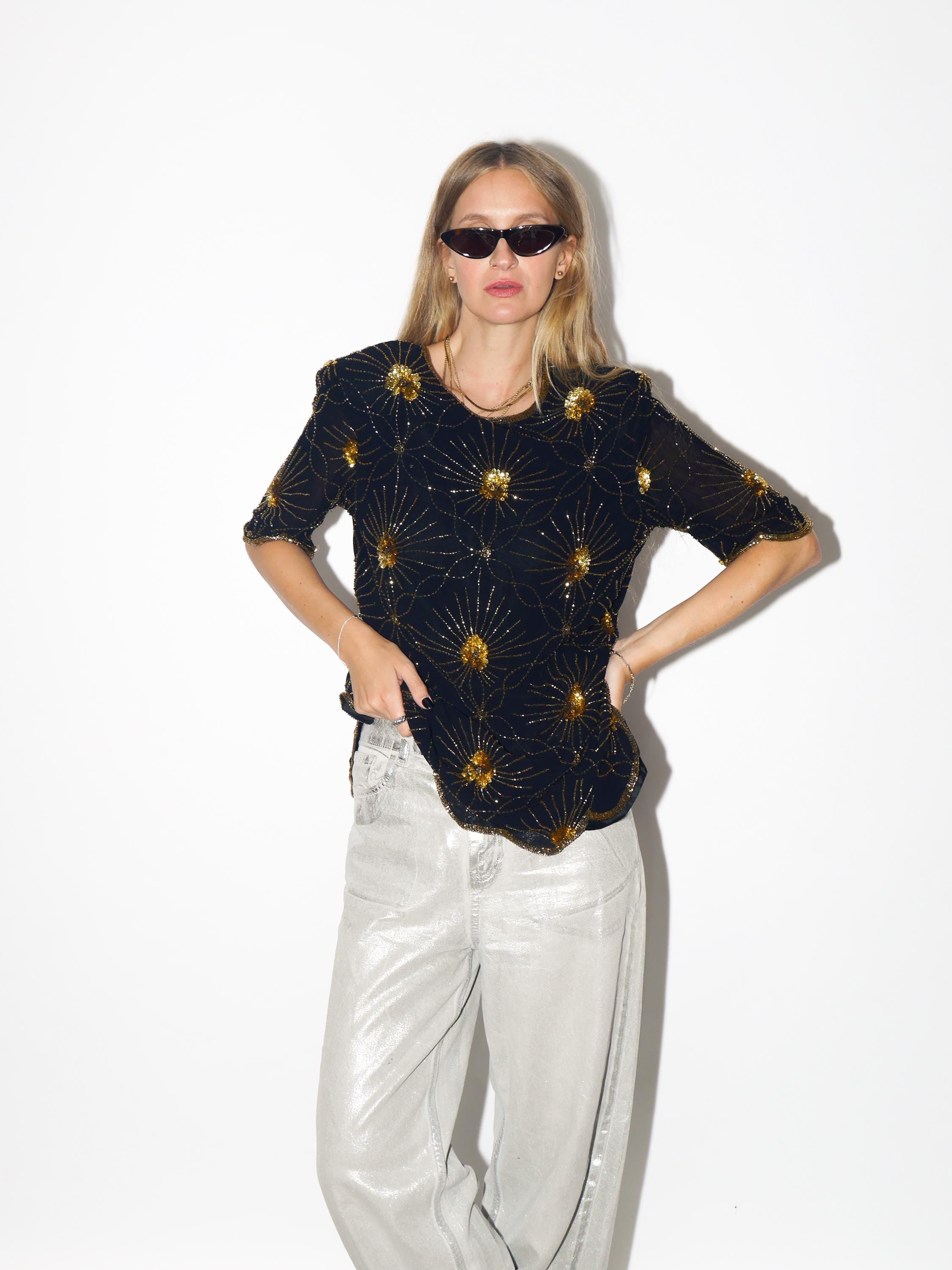 VINTAGE Black Viscose Blouse From The 1980s With Gold Beads And Sequins By Katherine Hart