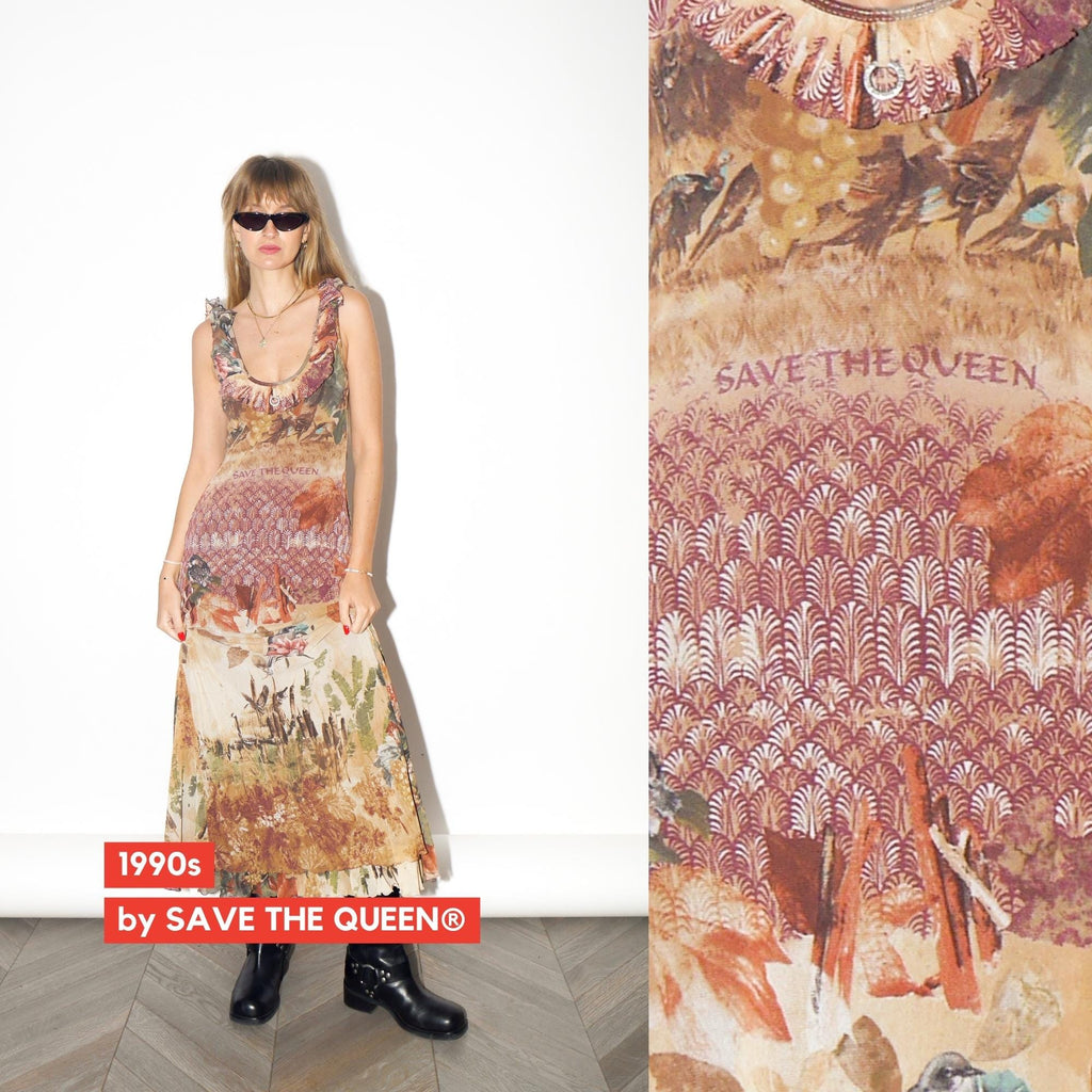 VINTAGE Autumn Print Nylon Maxi Dress With Ruffles From The 1990s By Save The Queen