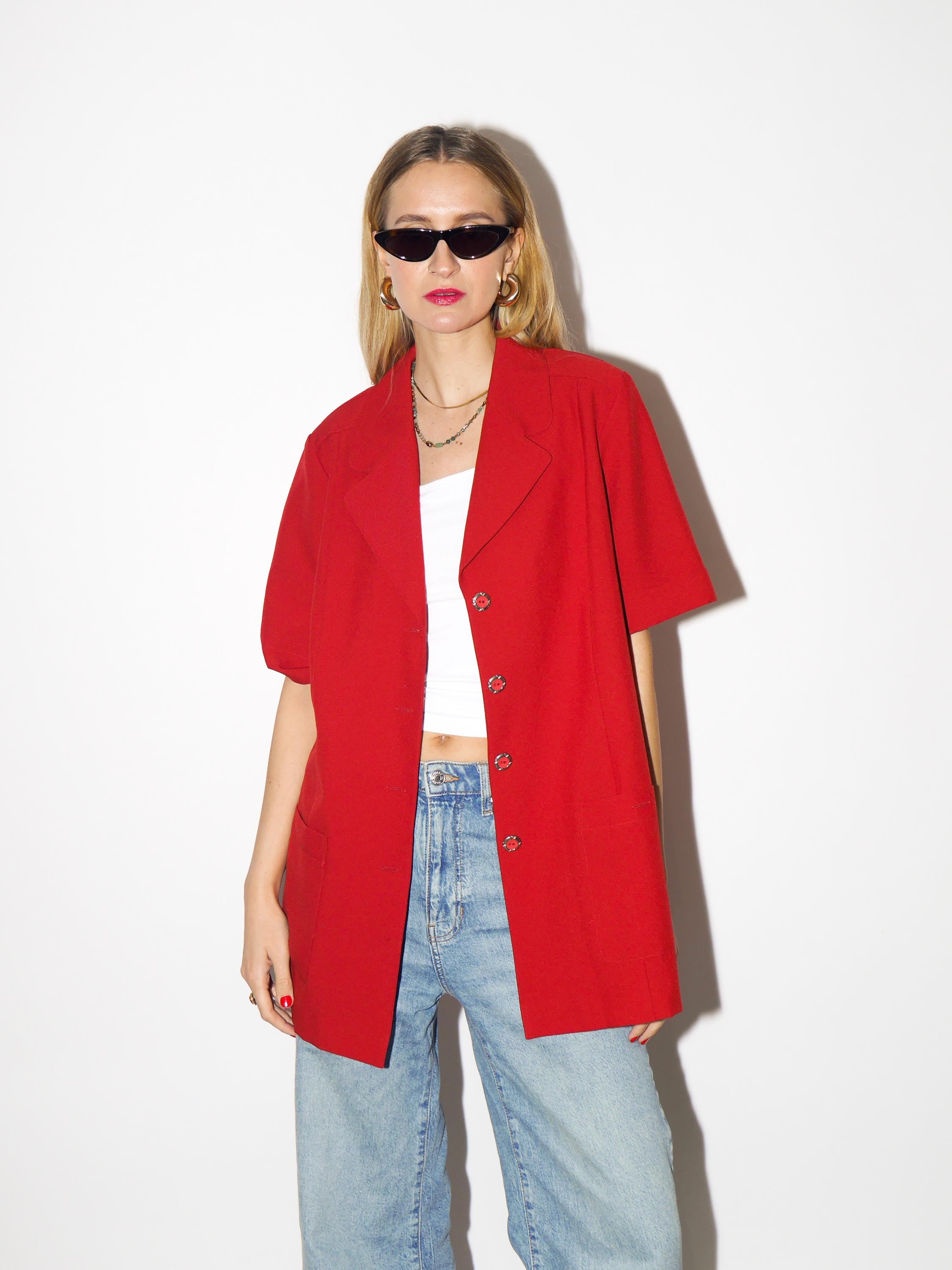 VINTAGE red blazer from 1980s, long blazer with short sleeve and gold buttons