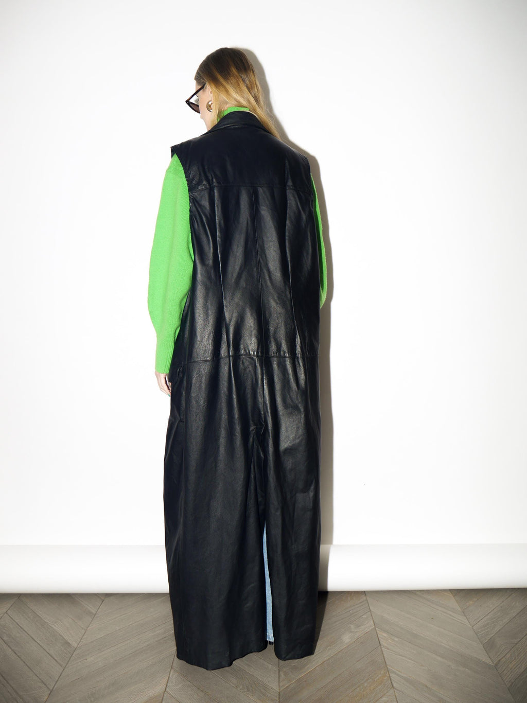 VINTAGE Black Maxi Leather Vest from 1980s | Matrix Style Long Leather Waistcoat