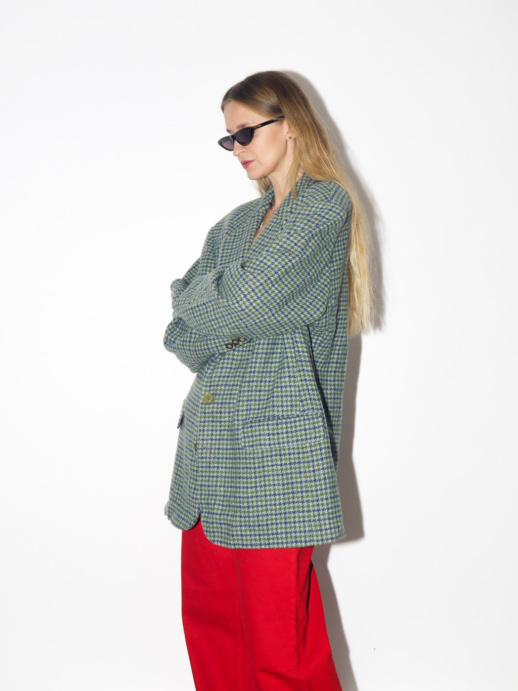 VINTAGE Wool Oversized Green And Gray Houndstooth Blazer From The 1980s