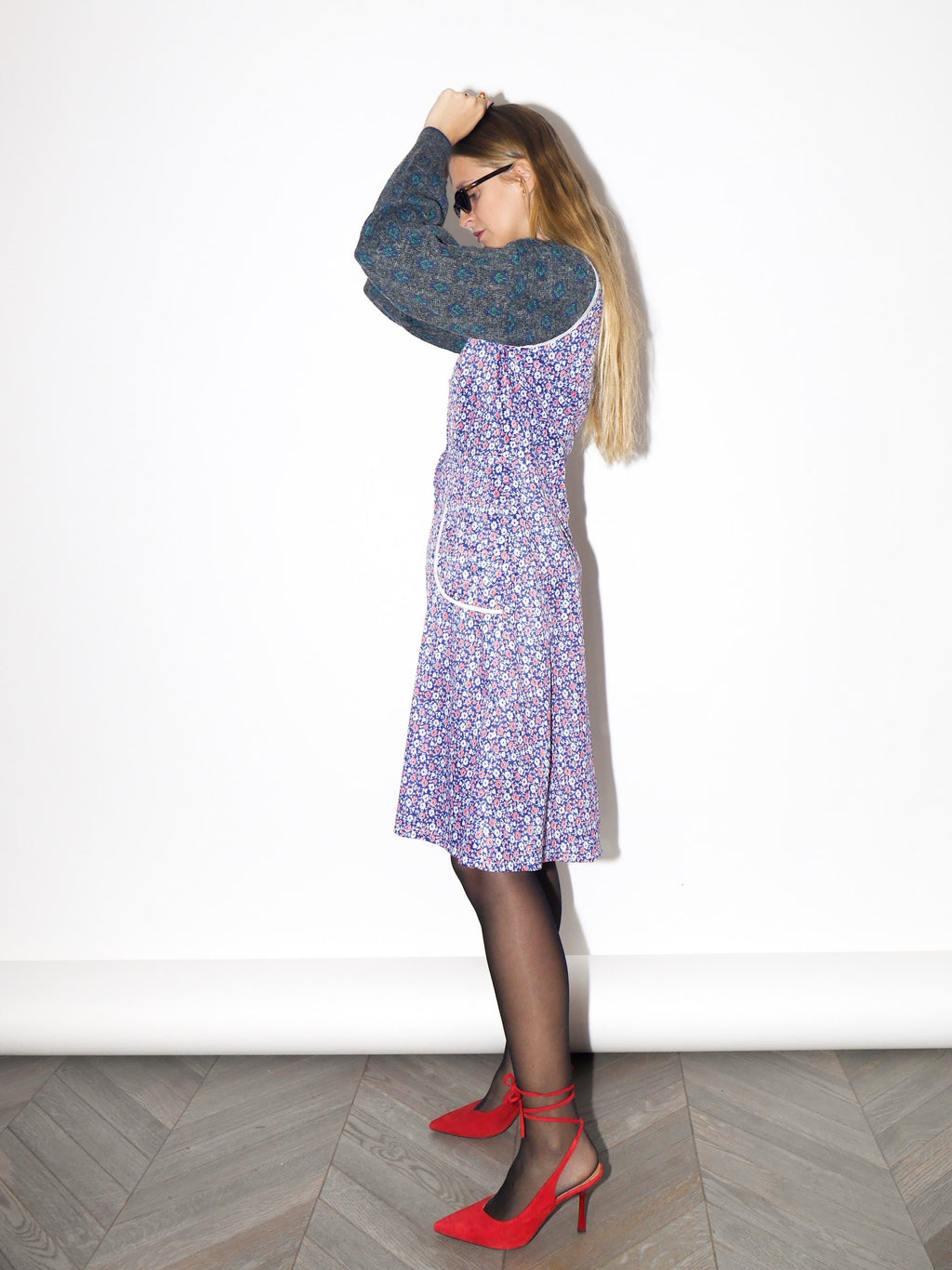 VINTAGE Red And Purple Floral Sleeveless Button-Down Handmade Dress From The 1980s
