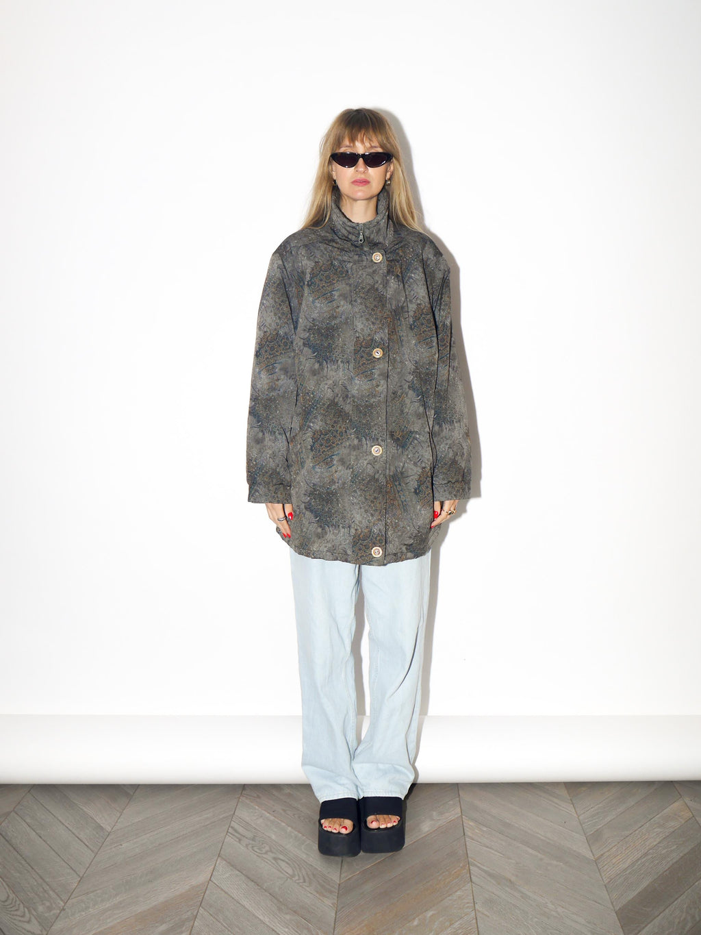 VINTAGE Green And Gold Oversized Parka With Abstract Pattern From The 1980s
