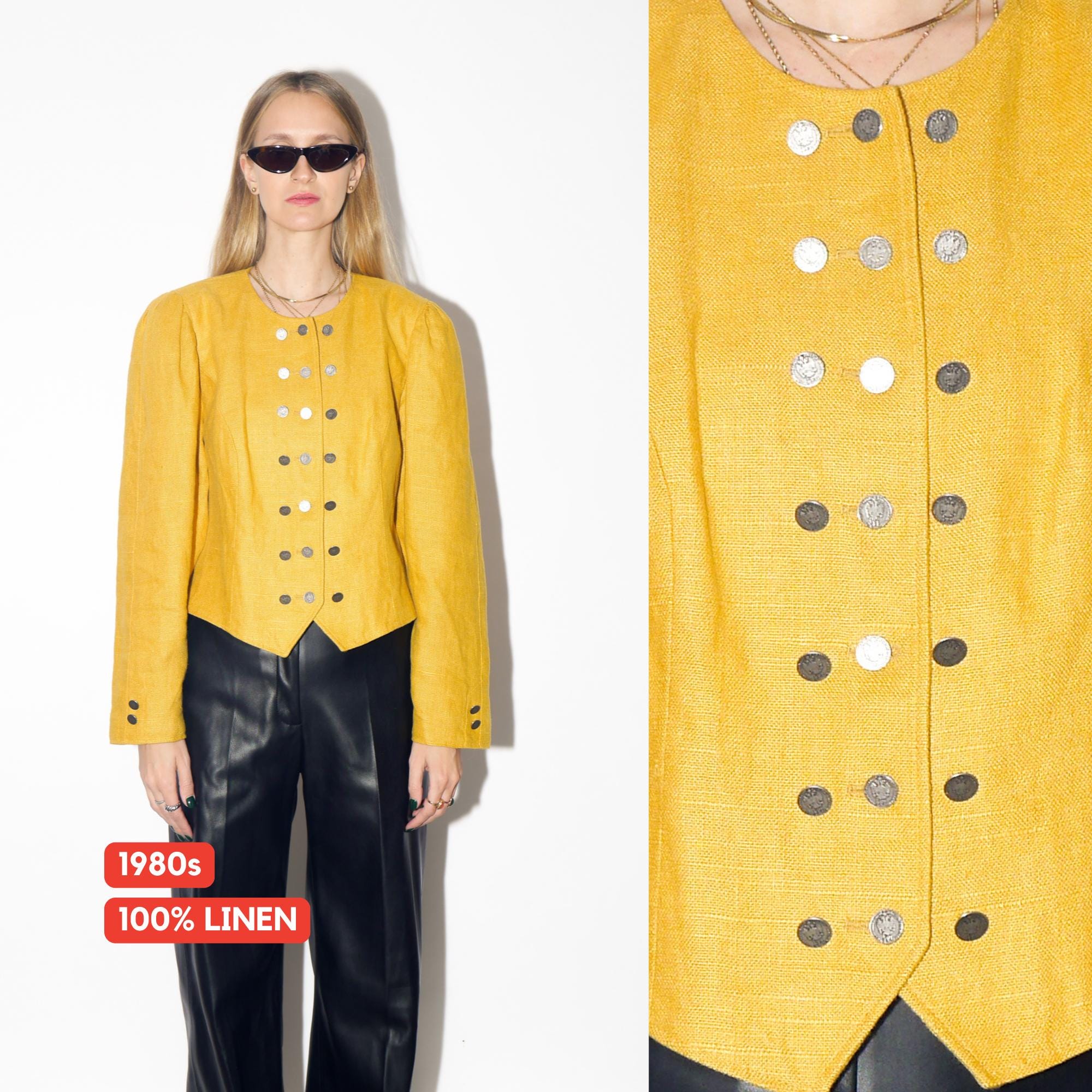 VINTAGE Yellow Cropped Linen Jacquard Blazer From The 1980s By Original Salzburger Tracht