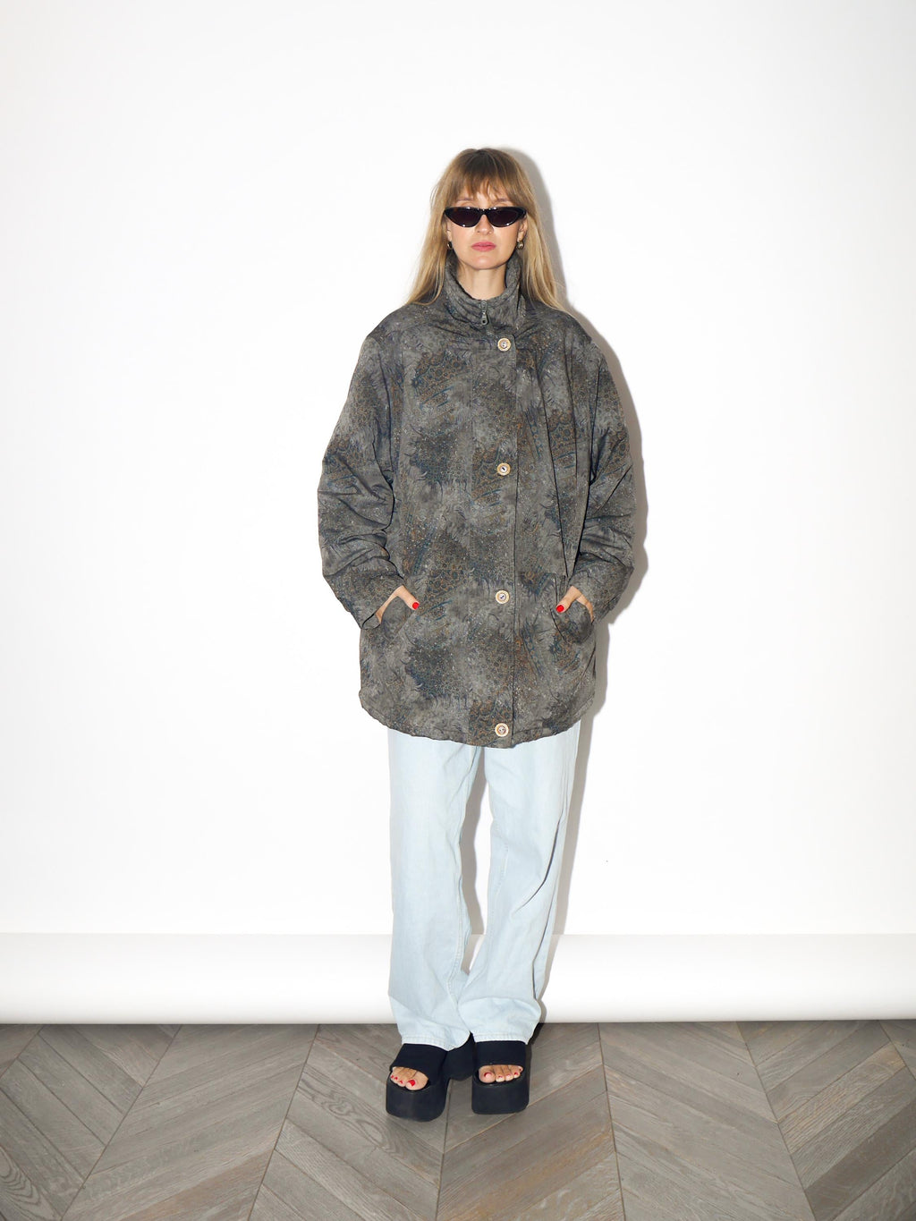 VINTAGE Green And Gold Oversized Parka With Abstract Pattern From The 1980s