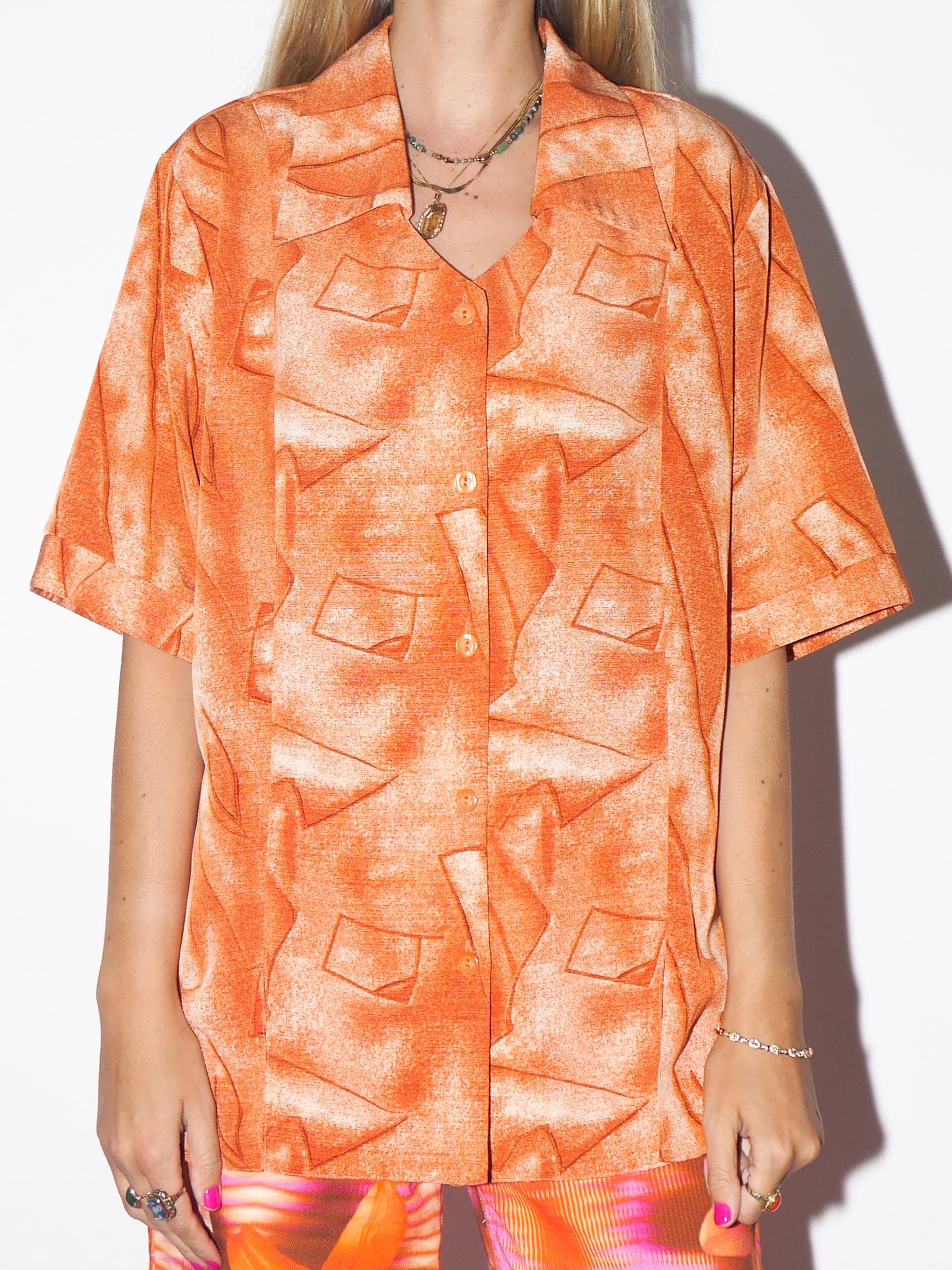 VINTAGE Oversized Orange Abstract Short Sleeve Shirt With Statement Collar And Unique Neckline From The 1980s By Wumak