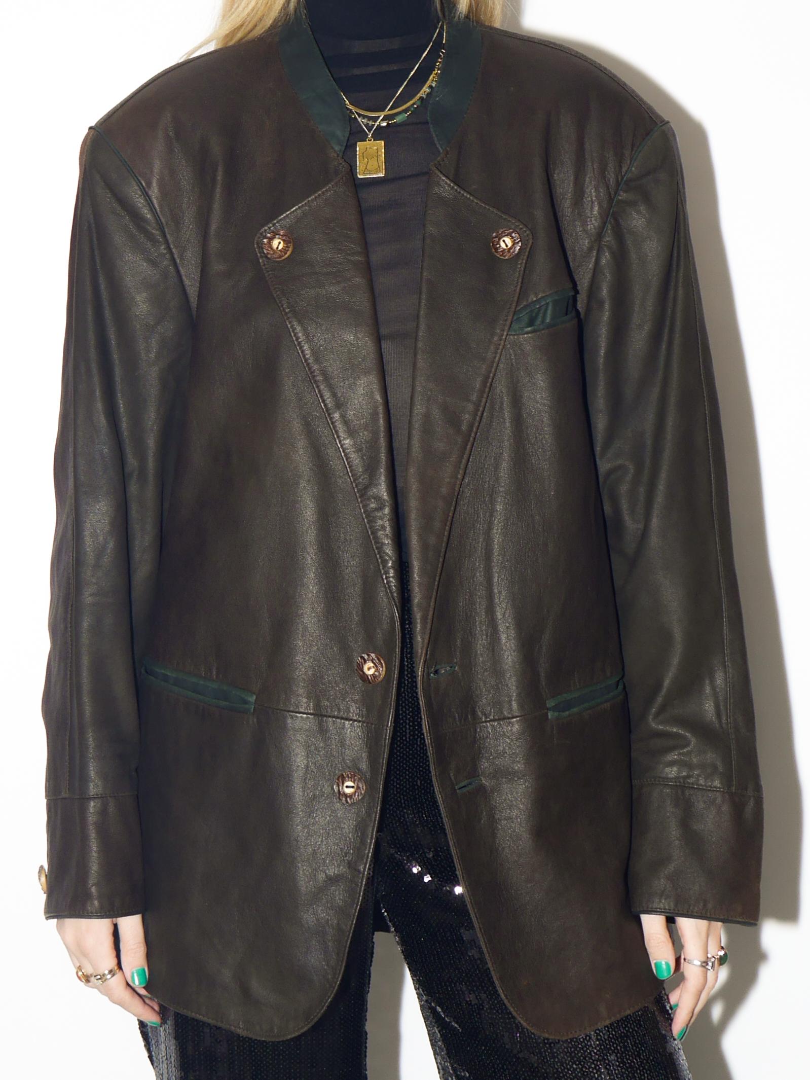 VINTAGE brown leather jacket from 1980s | Bavarian folk bronze leather blazer