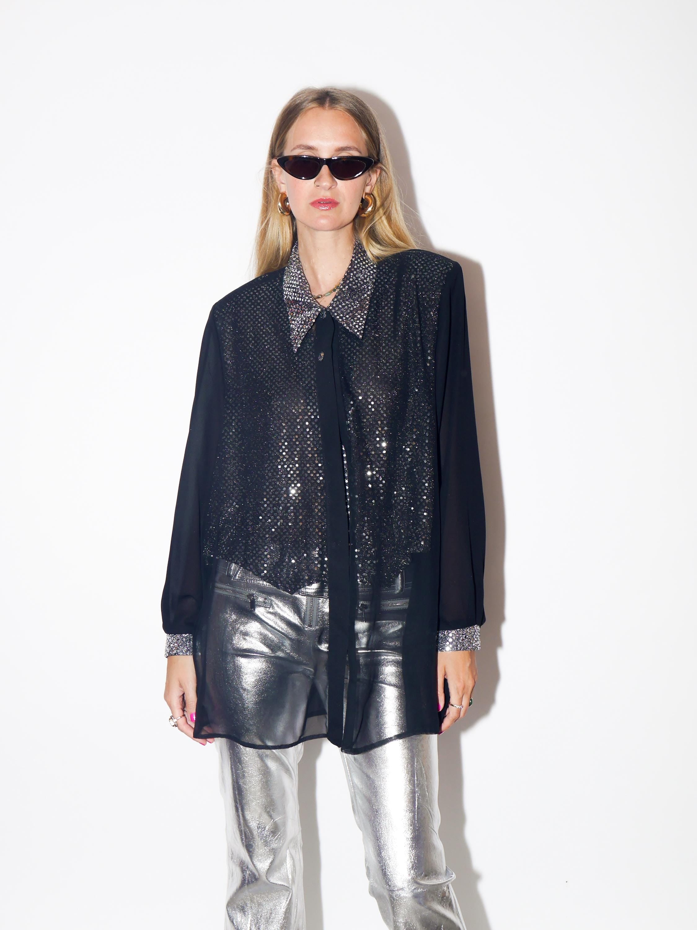 VINTAGE Oversized Black Sheer Shirt Blouse With Sequin Silver Vest From The 1980s By Catherine
