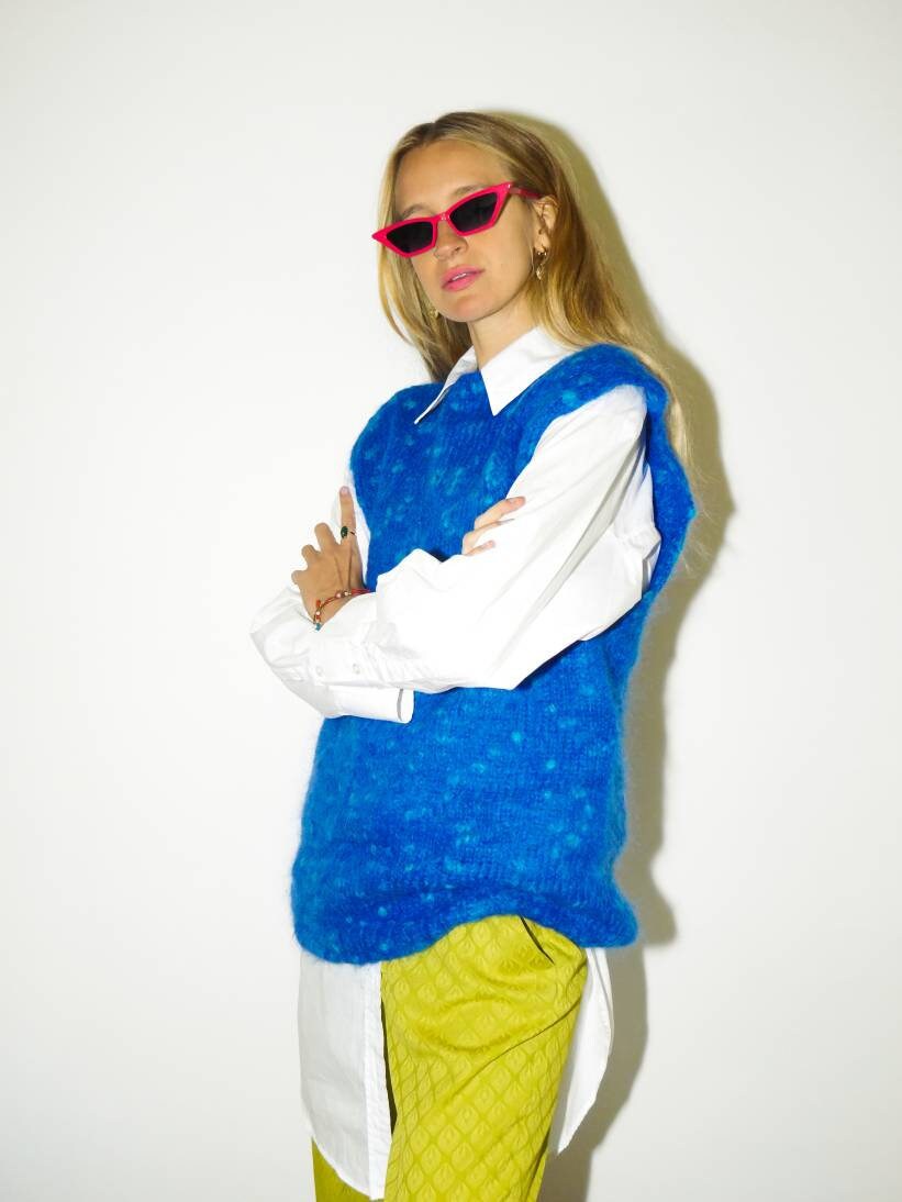 VINTAGE wool vest 1980s | handmade knitted wool sweater | blue warm sweater | sweater vest | blue vest | retro handmade vest | modopol