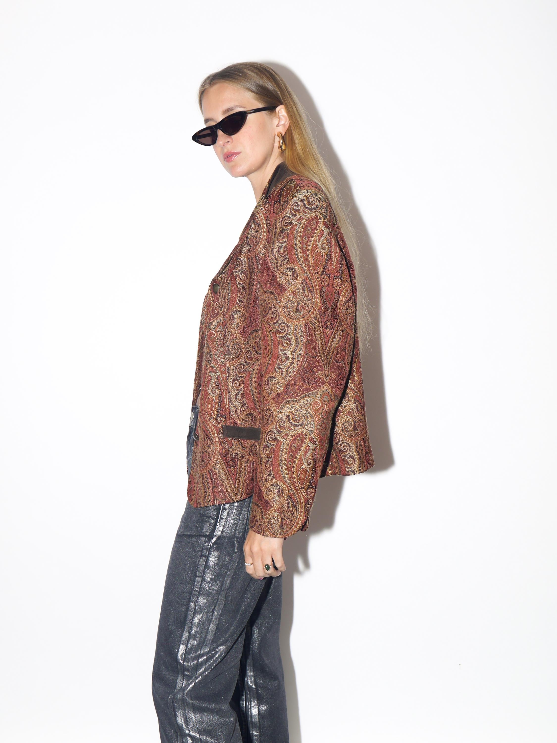 VINTAGE Viscose Bronze Brown Burgundy Oversized Jacquard Blazer With Velvet Collar And Metal Buttons From The 1980s