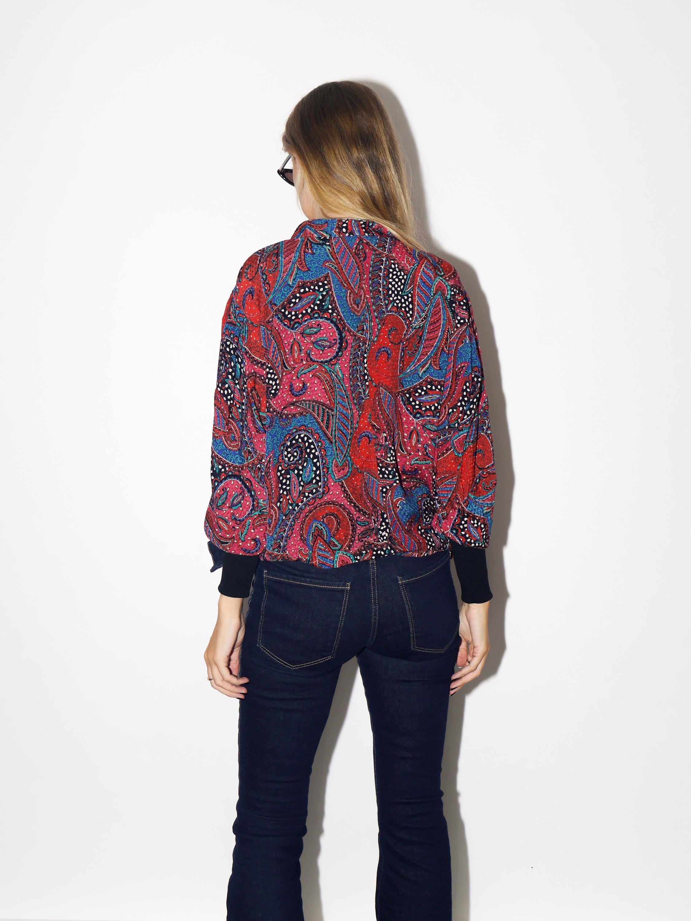 VINTAGE Red And Blue Paisley Half Zip Top With Stand-Up Collar From The 1980s By Kurt Kellermann