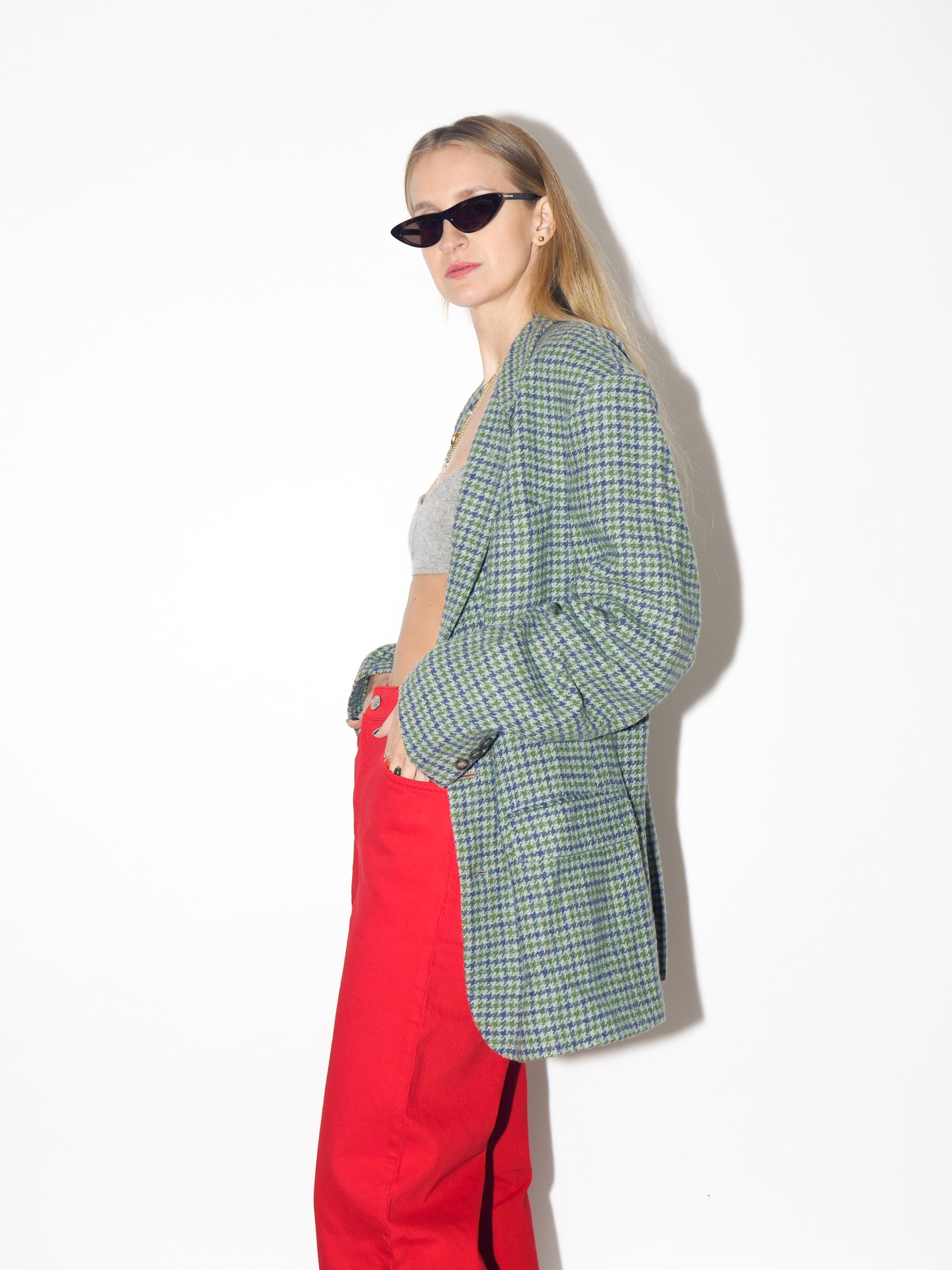 VINTAGE Wool Oversized Green And Gray Houndstooth Blazer From The 1980s