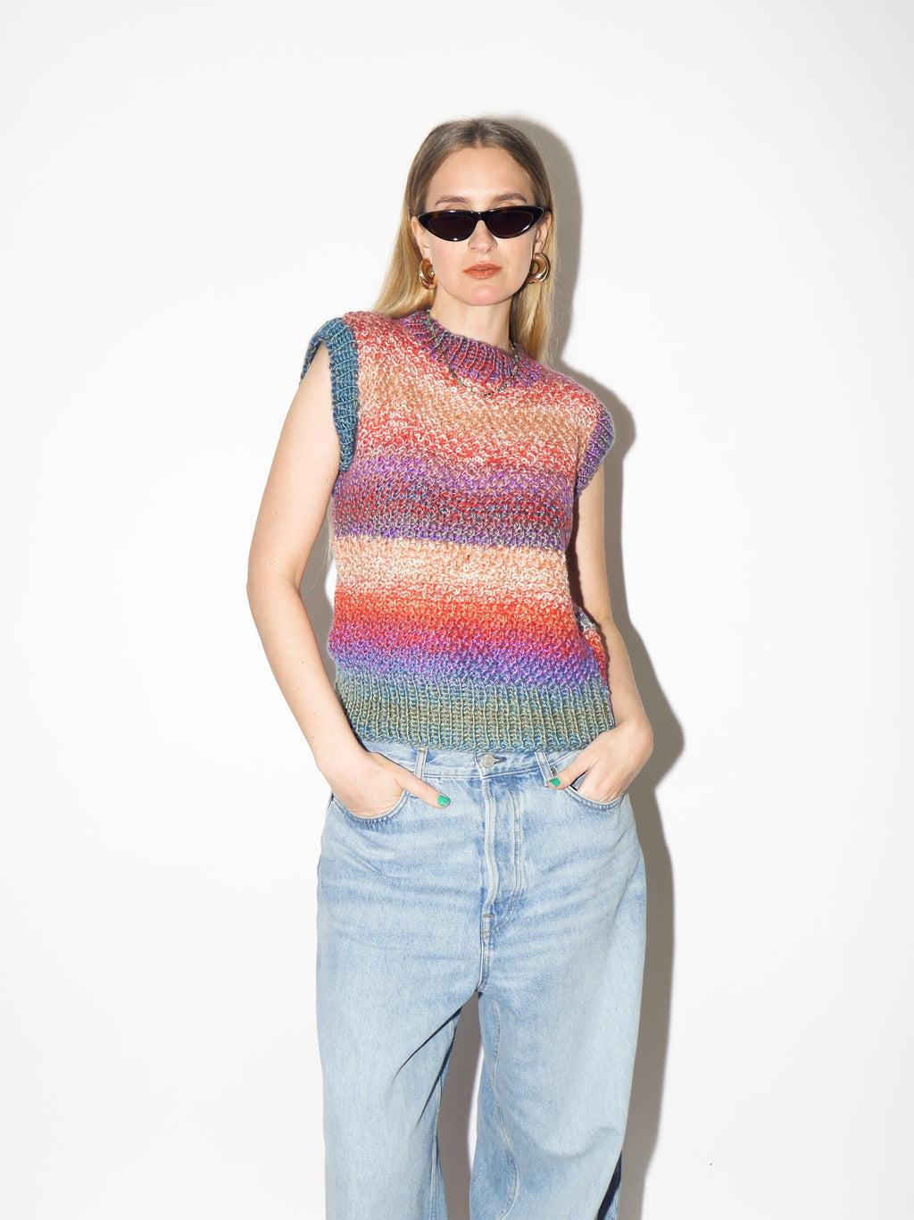 VINTAGE Rainbow Hand Knitted Vest from 1980s