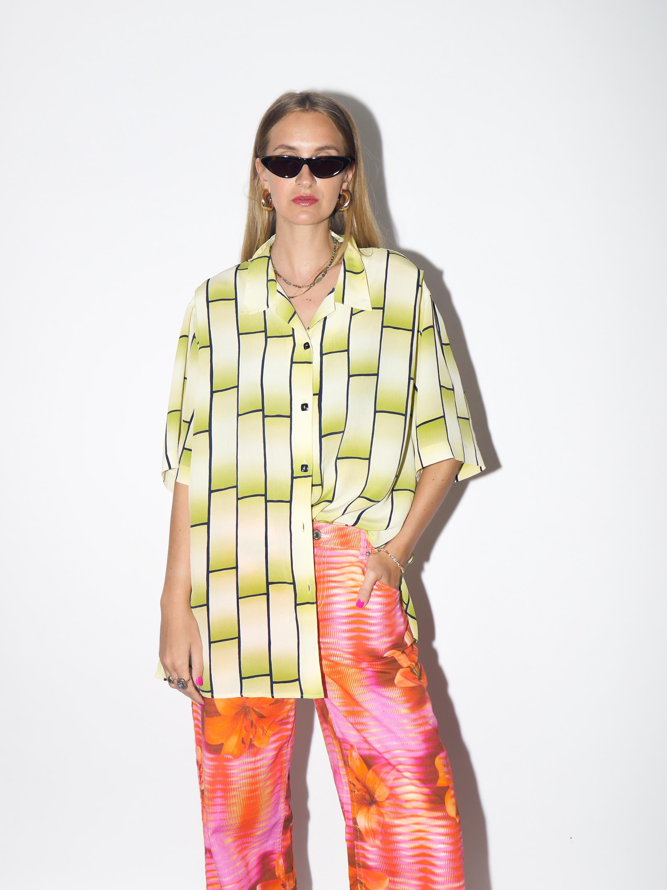 VINTAGE Yellow And Green Check Oversized Shirt With Square Buttons And Collar From The 1980s By Seidel Moden
