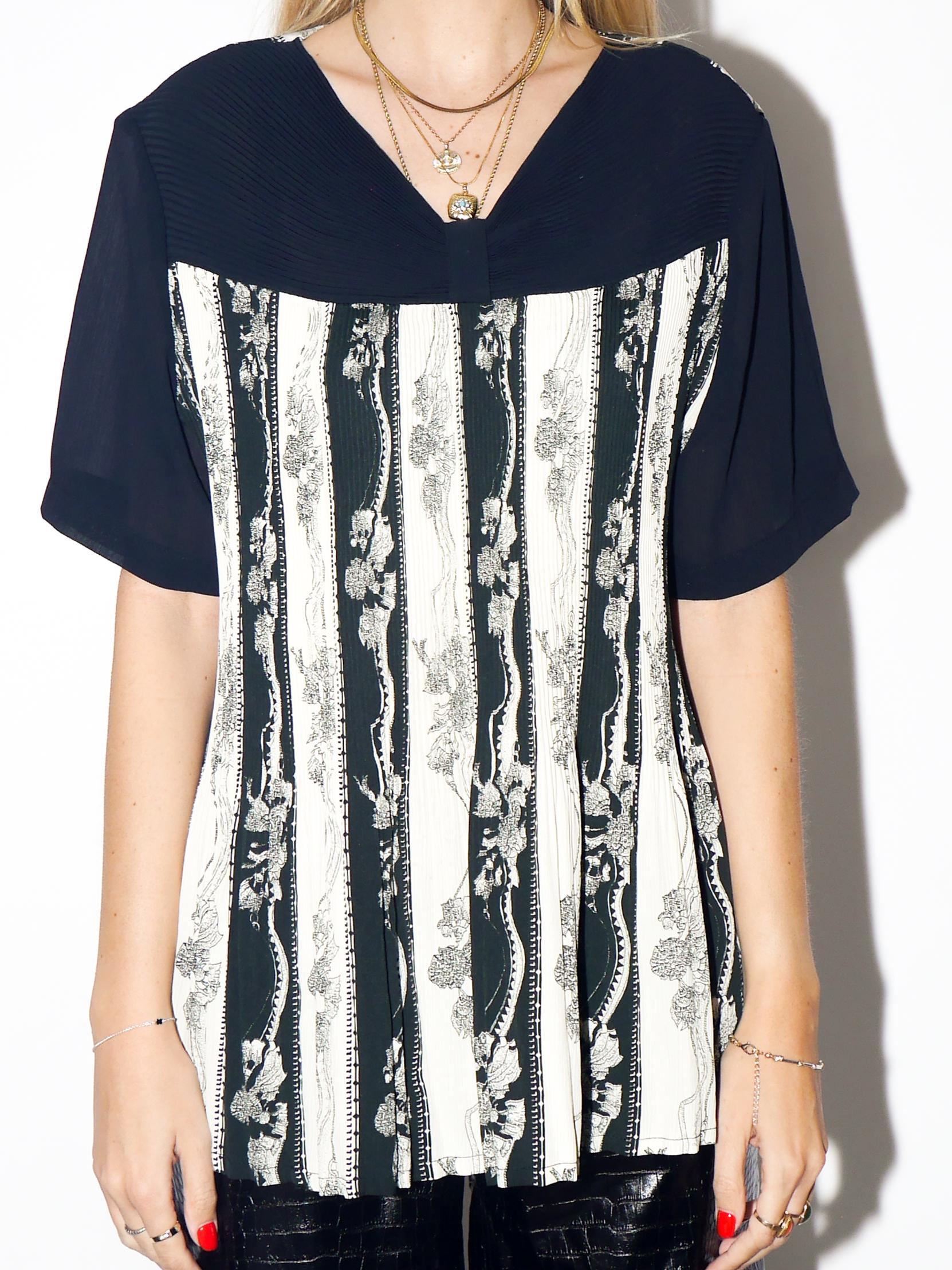 VINTAGE Black And White Pleated Floral Blouse From The 1980s By Options Fashion