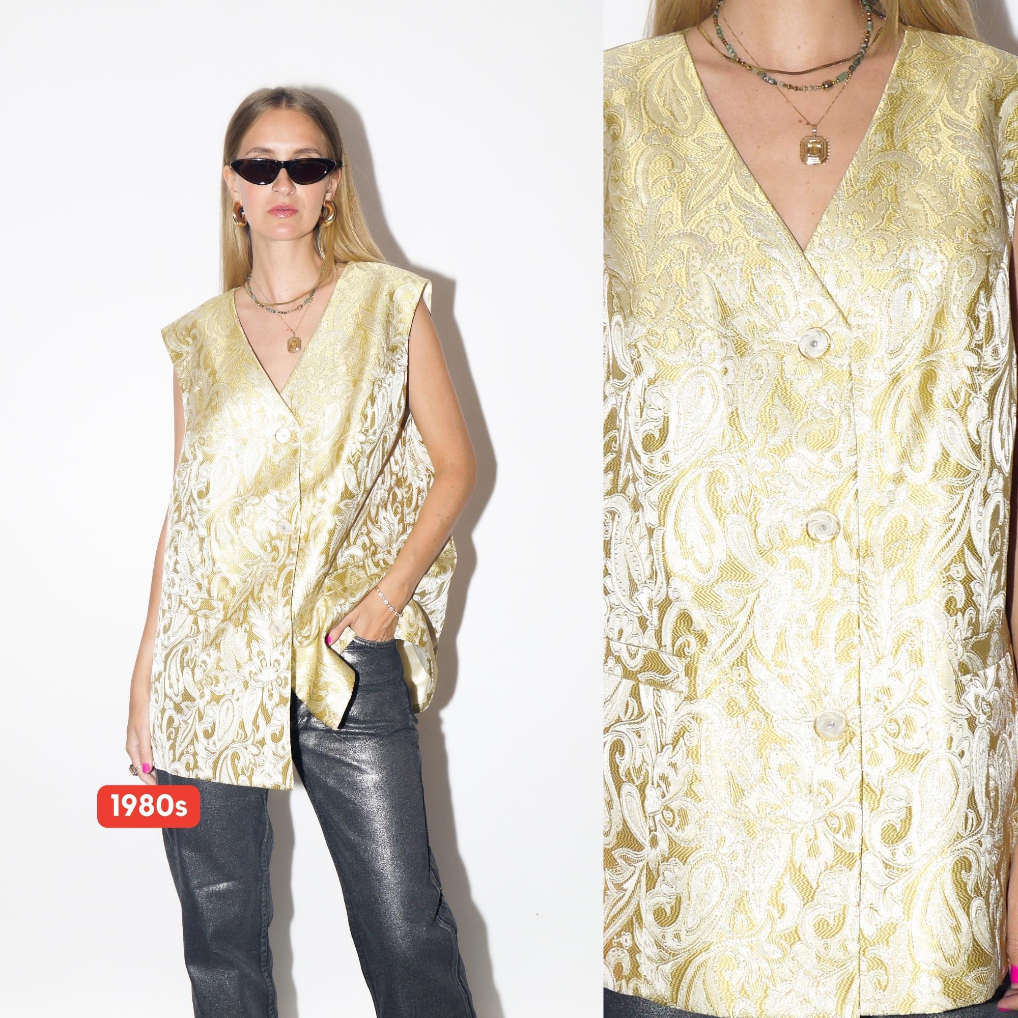VINTAGE Gold Embroidered Oversized Vest With Glitter Buttons From The 1980s