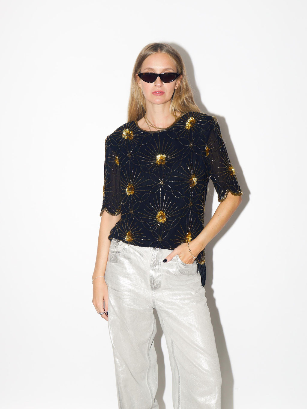 VINTAGE Black Viscose Blouse From The 1980s With Gold Beads And Sequins By Katherine Hart