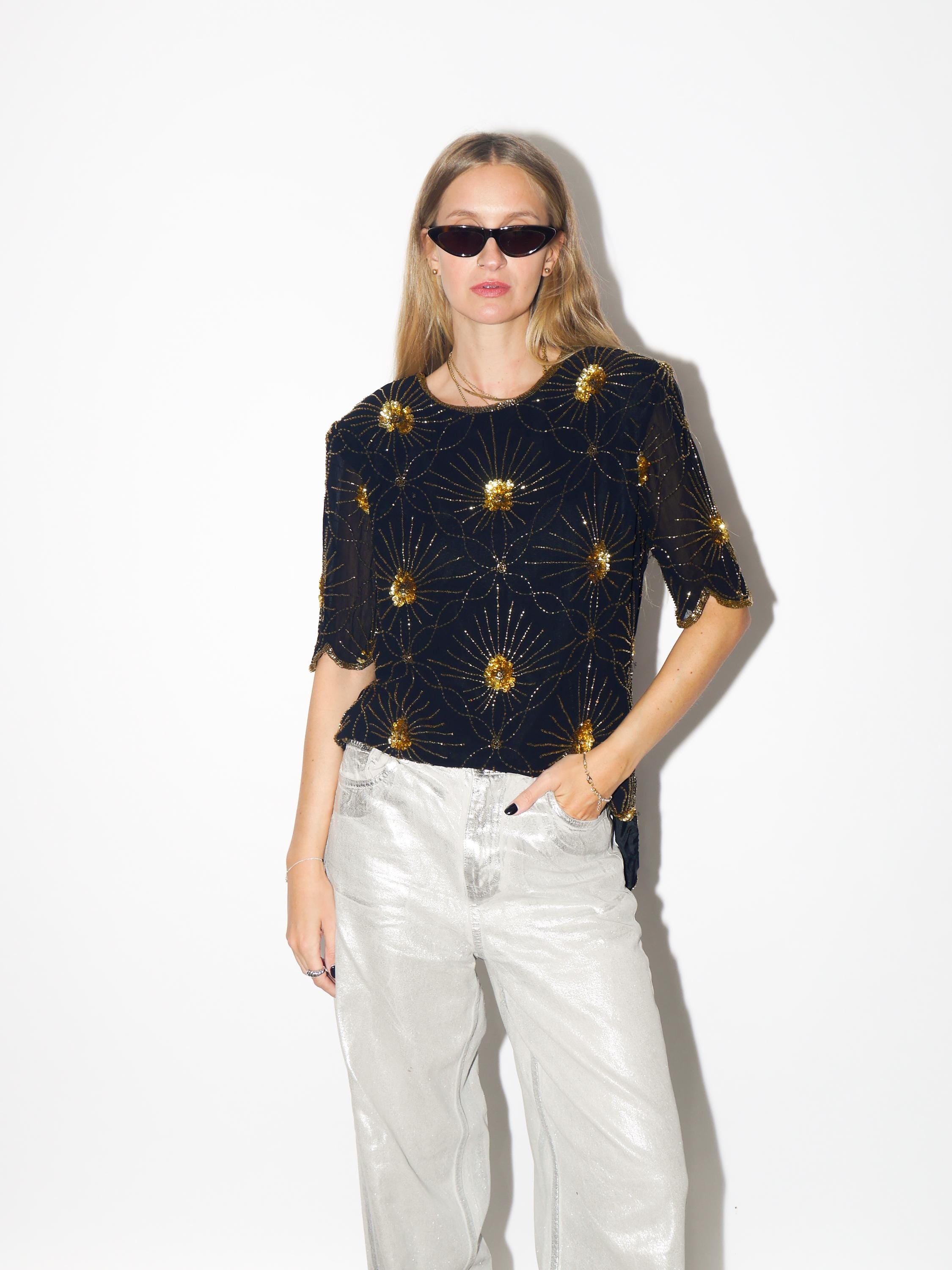 VINTAGE Black Viscose Blouse From The 1980s With Gold Beads And Sequins By Katherine Hart