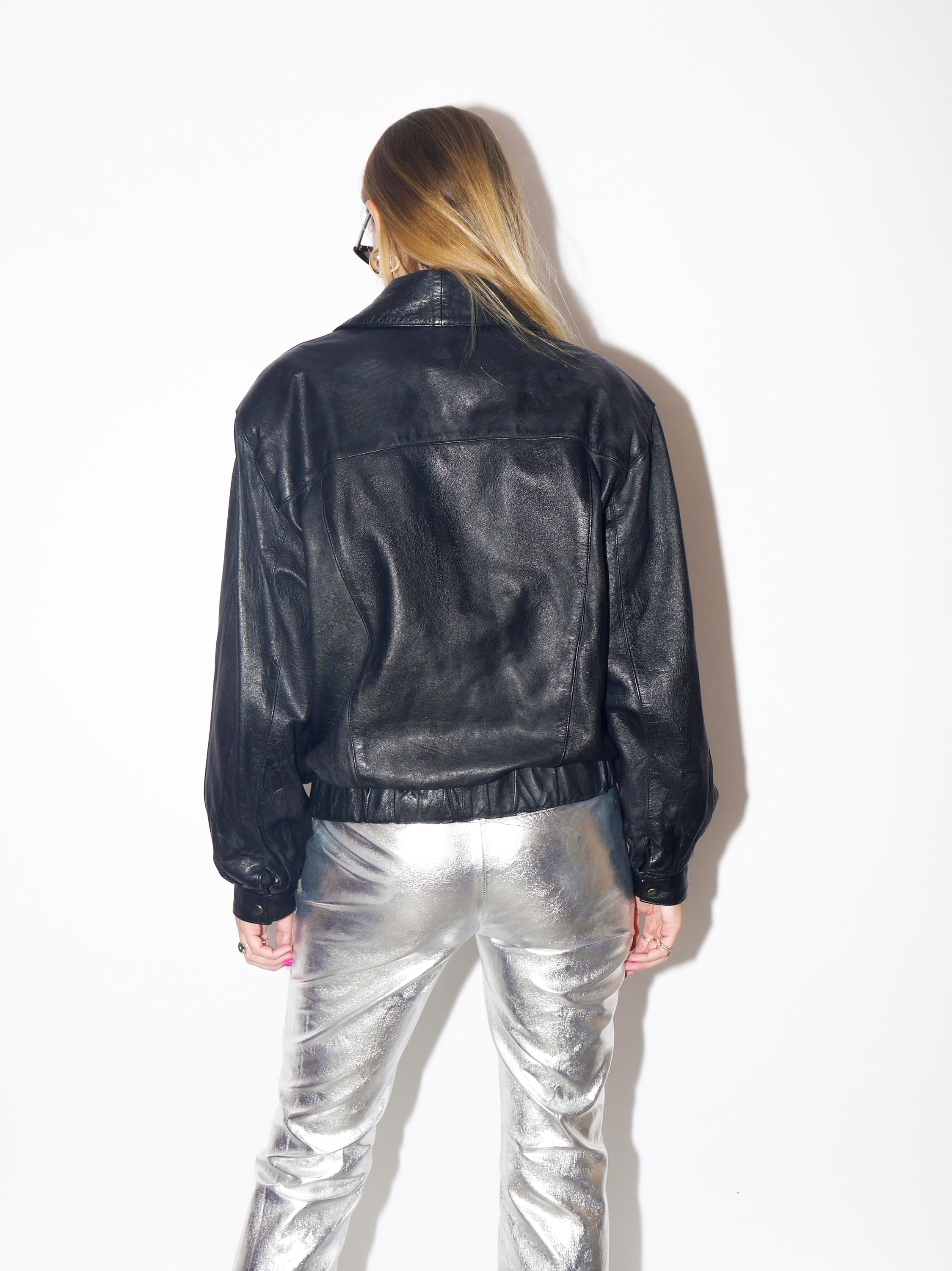 VINTAGE Black Leather Double Breasted Jacket With Shawl Collar And Shoulder Pads From The 1980s