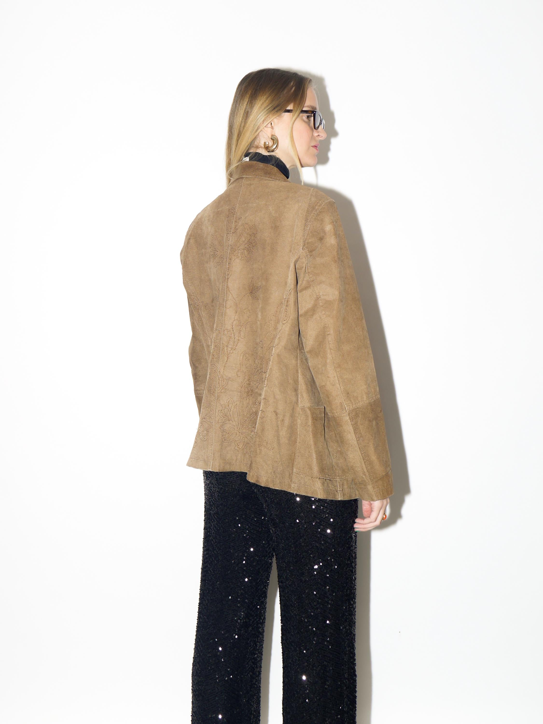 VINTAGE suede blazer from 1990s | beige suede leather jacket with embroidery