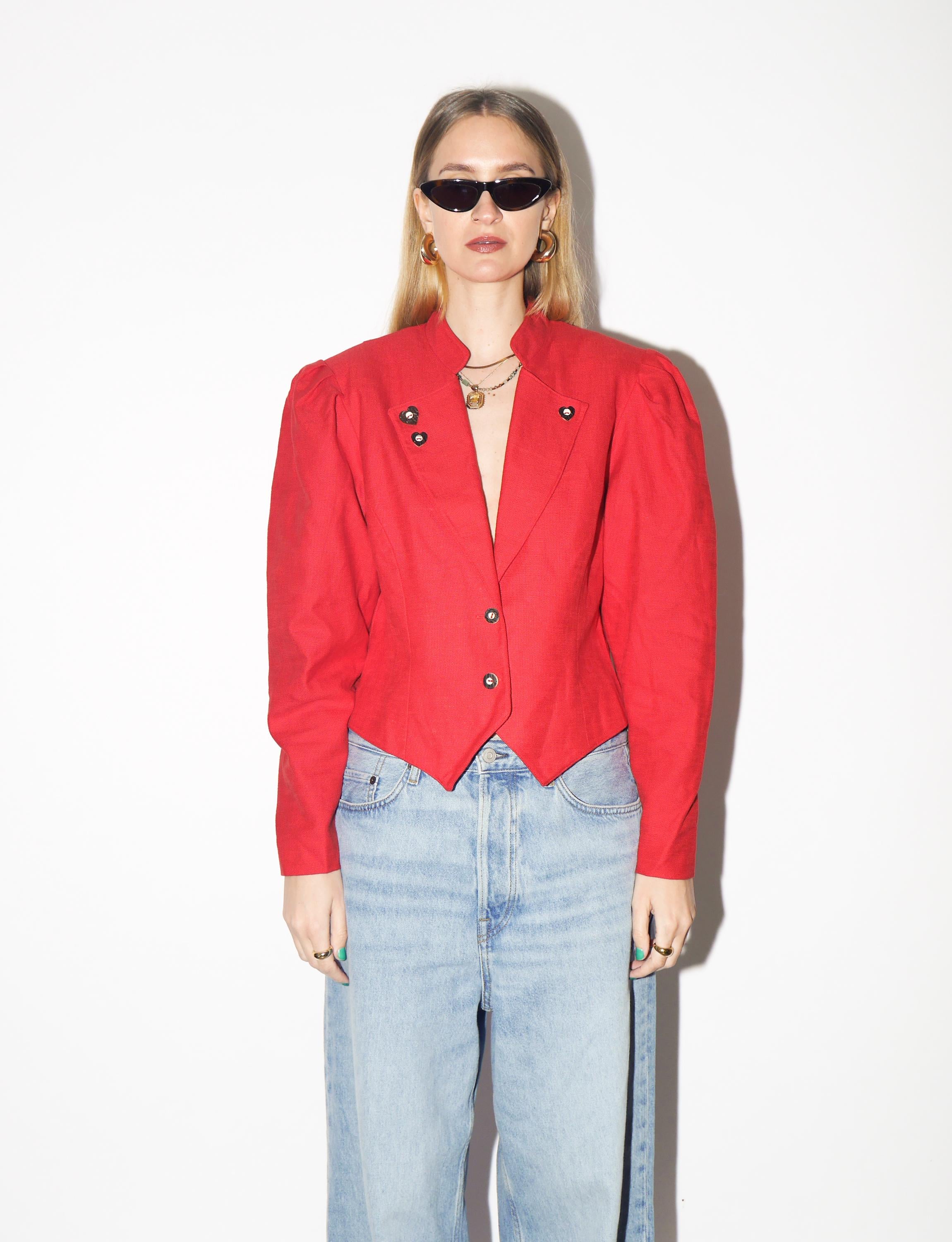 VINTAGE Red Folk Blazer from 1990s made of Cotton & Linen | Original Folk Blazer