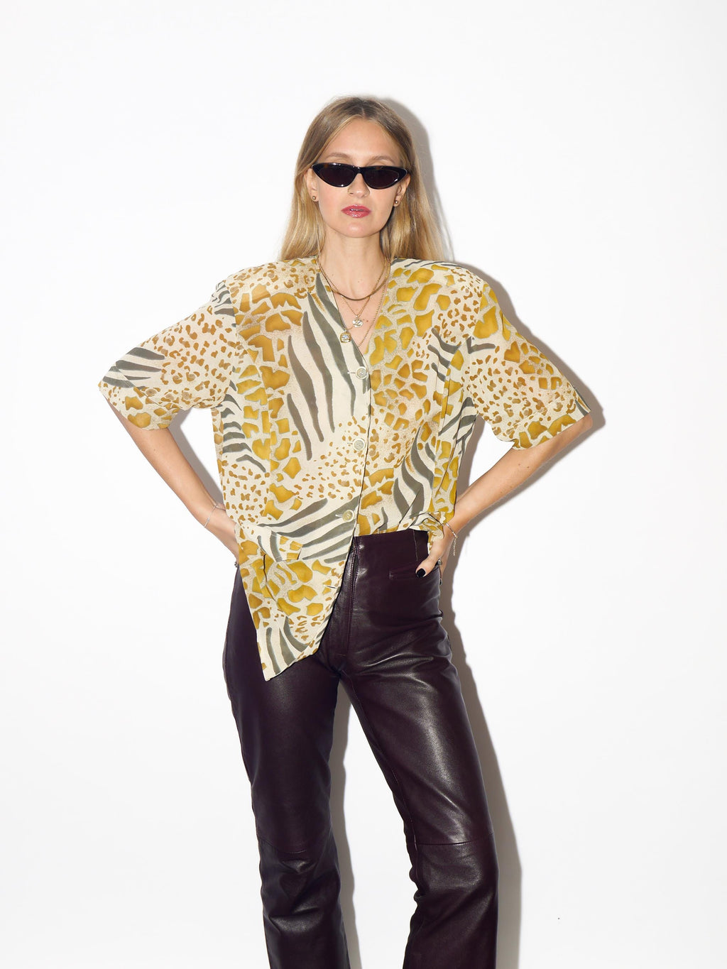 VINTAGE Cream And Mustard Animal Print Blouse From 1980s With Shoulder Pads By Yarell