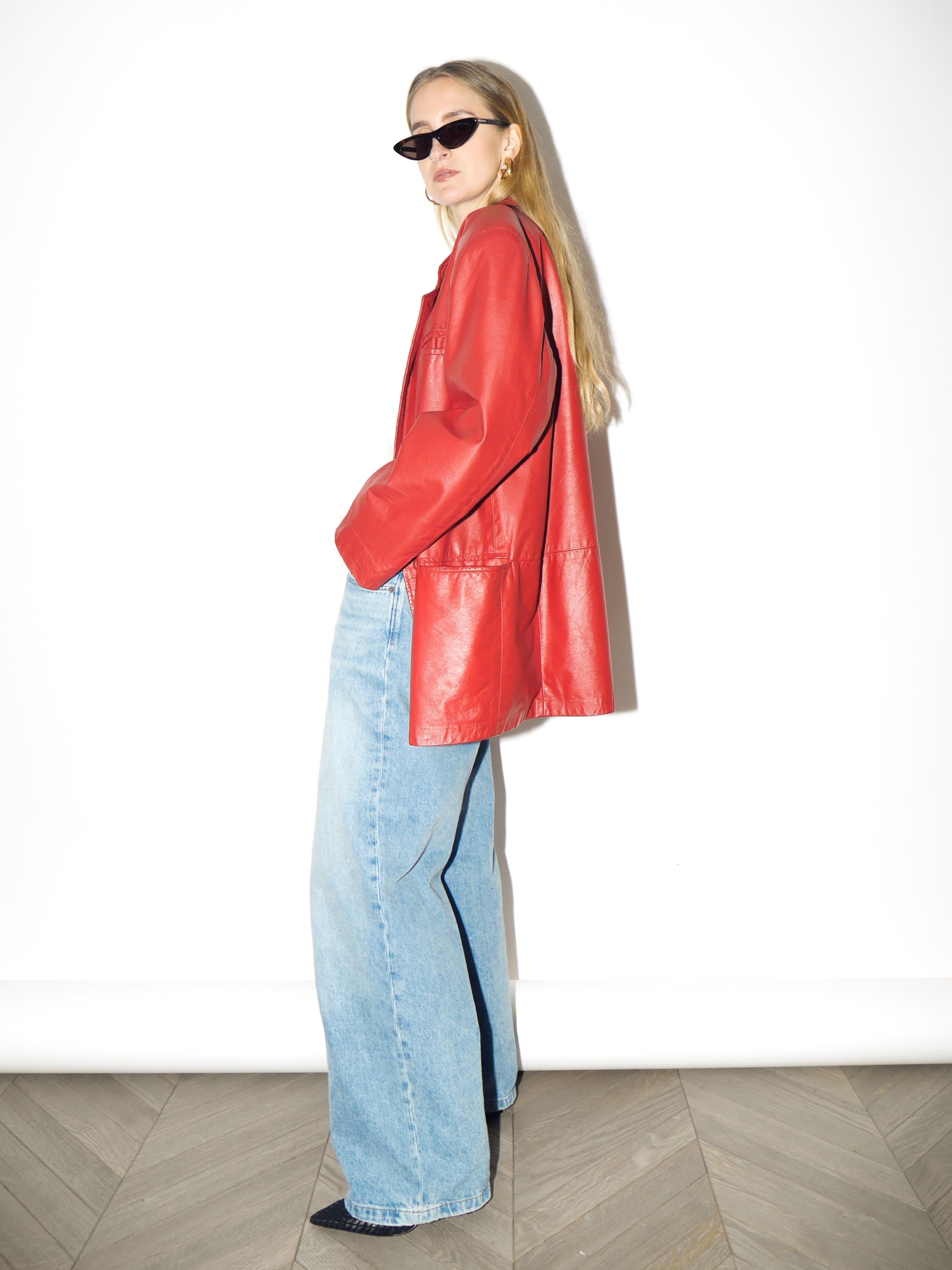 VINTAGE Red Leather Blazer from 1980s | Oversized Red Leather Jacket