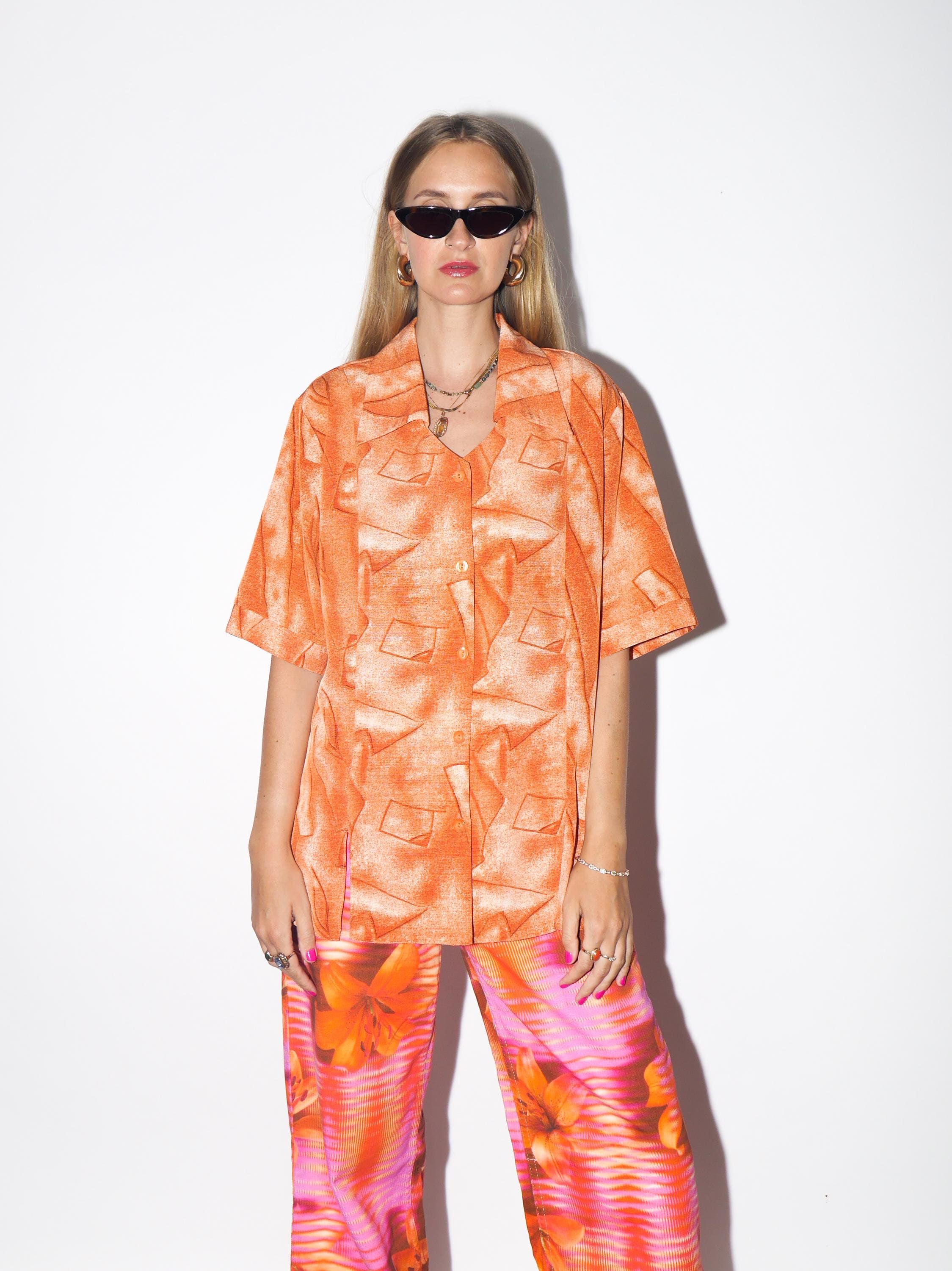 VINTAGE Oversized Orange Abstract Short Sleeve Shirt With Statement Collar And Unique Neckline From The 1980s By Wumak