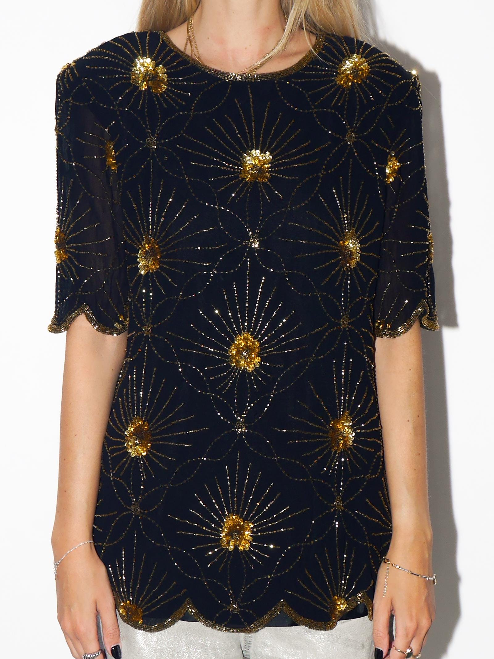 VINTAGE Black Viscose Blouse From The 1980s With Gold Beads And Sequins By Katherine Hart