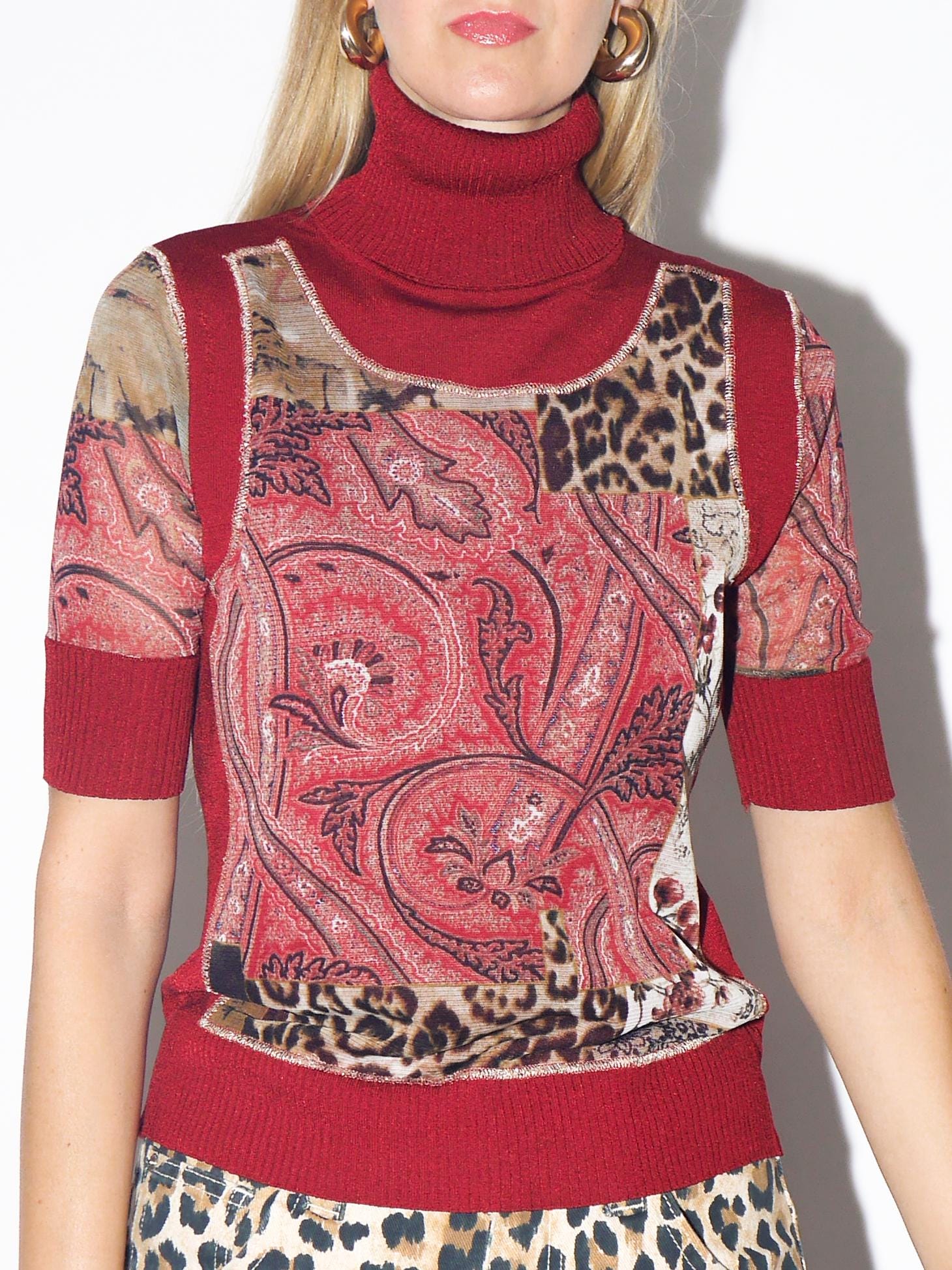 VINTAGE Deep Red Viscose Turtleneck Short Sleeve Blouse With Sheer Sleeves And Animal Print Accents From The 1980s By Betty Barclay