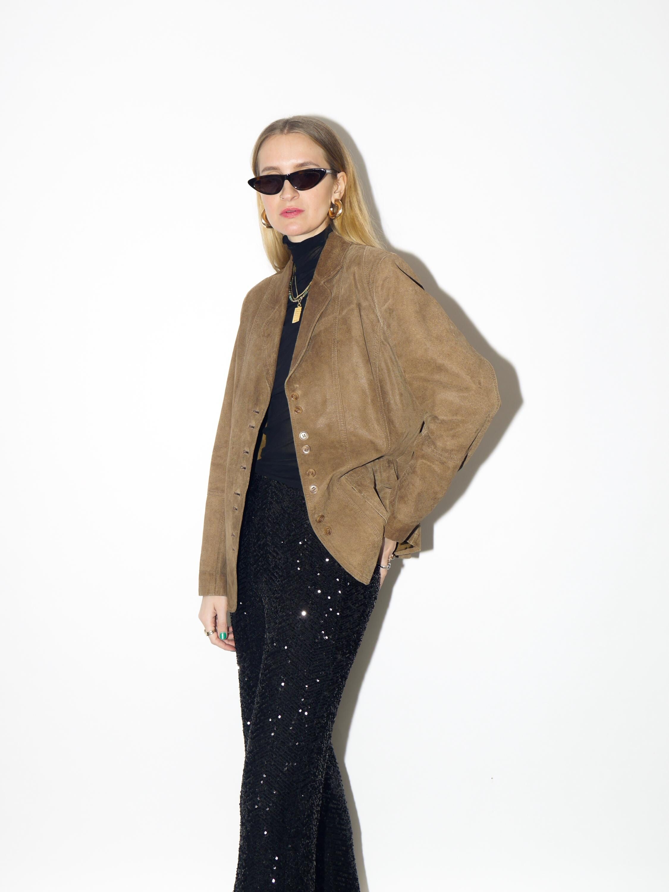 VINTAGE suede blazer from 1990s | beige suede leather jacket with embroidery
