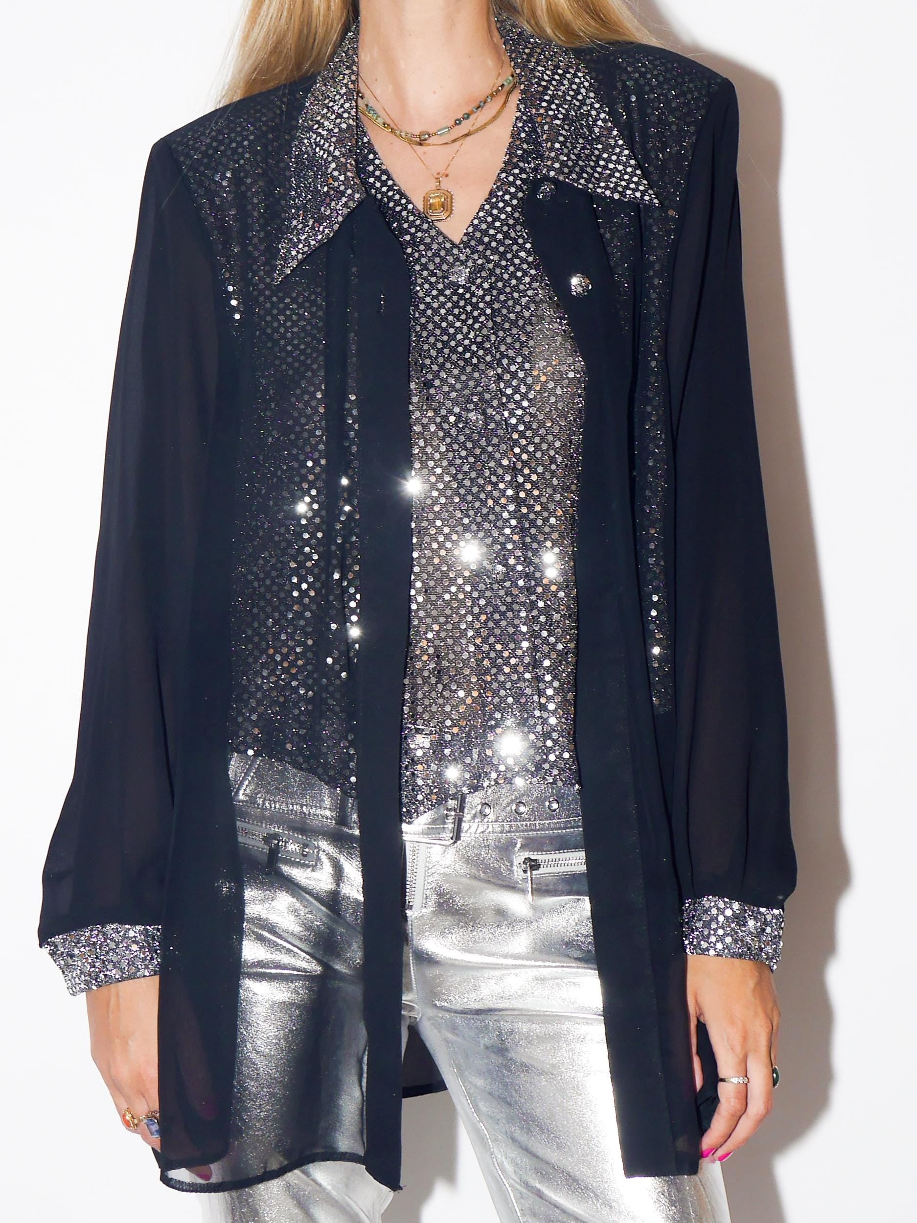 VINTAGE Oversized Black Sheer Shirt Blouse With Sequin Silver Vest From The 1980s By Catherine