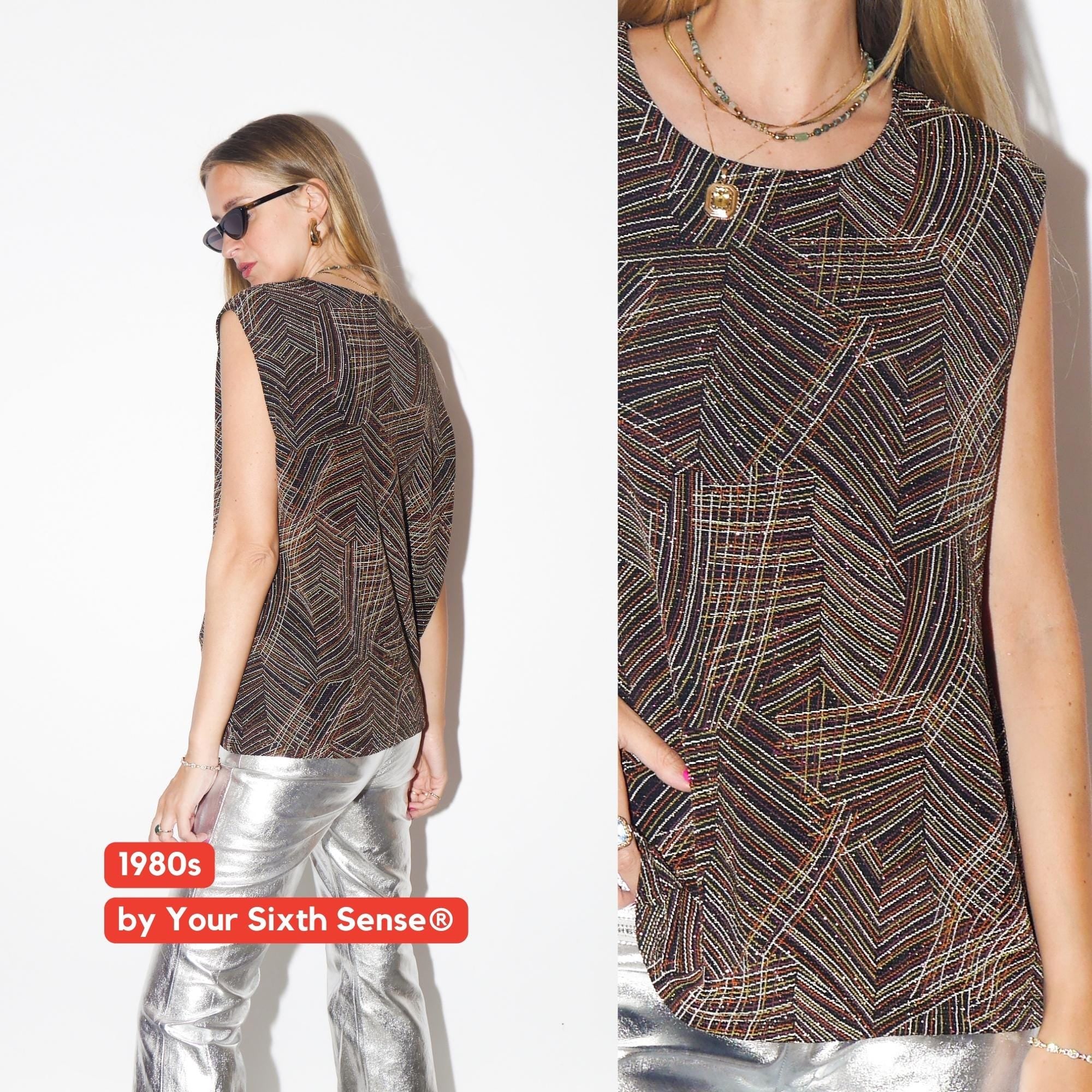 VINTAGE Oversized Sleeveless Black Blouse With Multicolor Glitter Print From The 1980s By by Your Sixth Sense