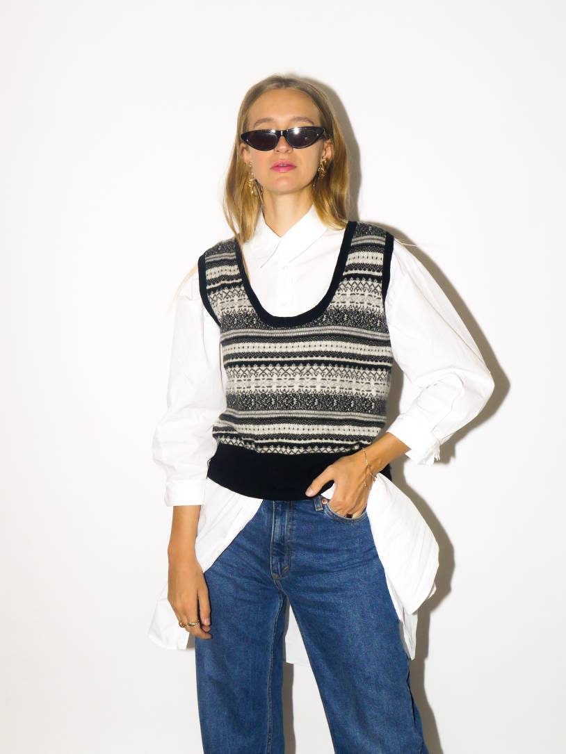 VINTAGE wool, silk & cashmere vest | pullover vest in black and white sweater pattern | oversize | knitted vest | cashmere vest | modopol