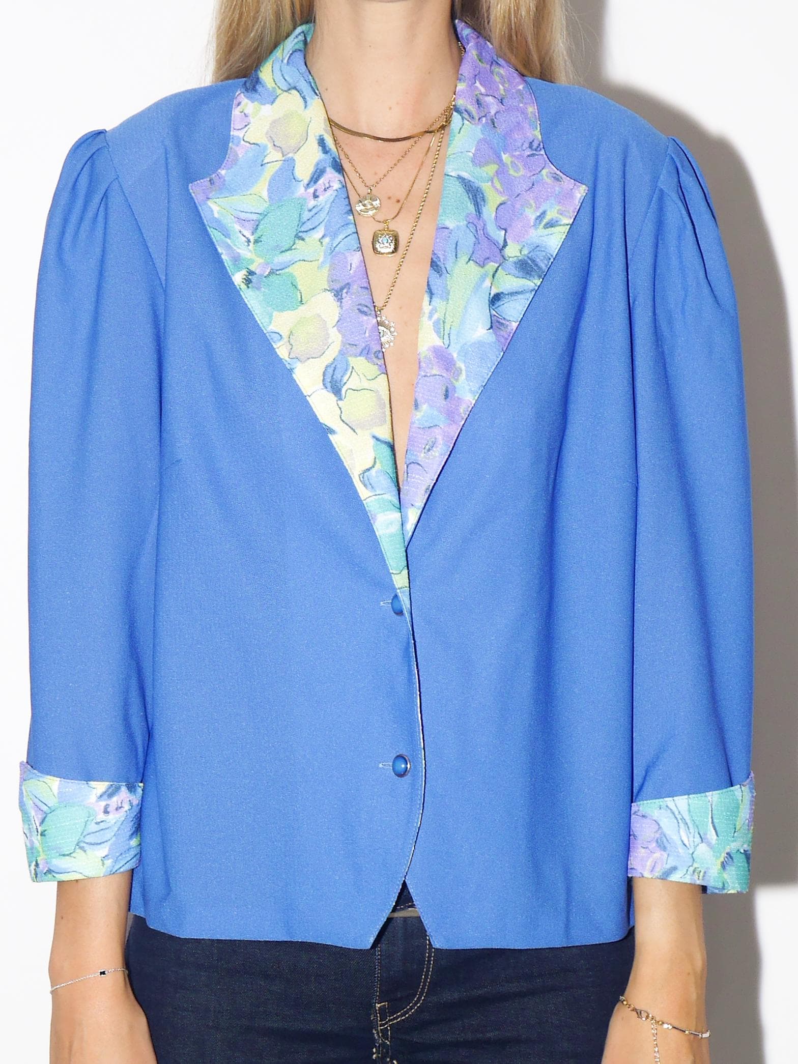 VINTAGE Electric Blue Blouse With Floral Cuffs And Collar And Edgy Sleeves From The 1980s