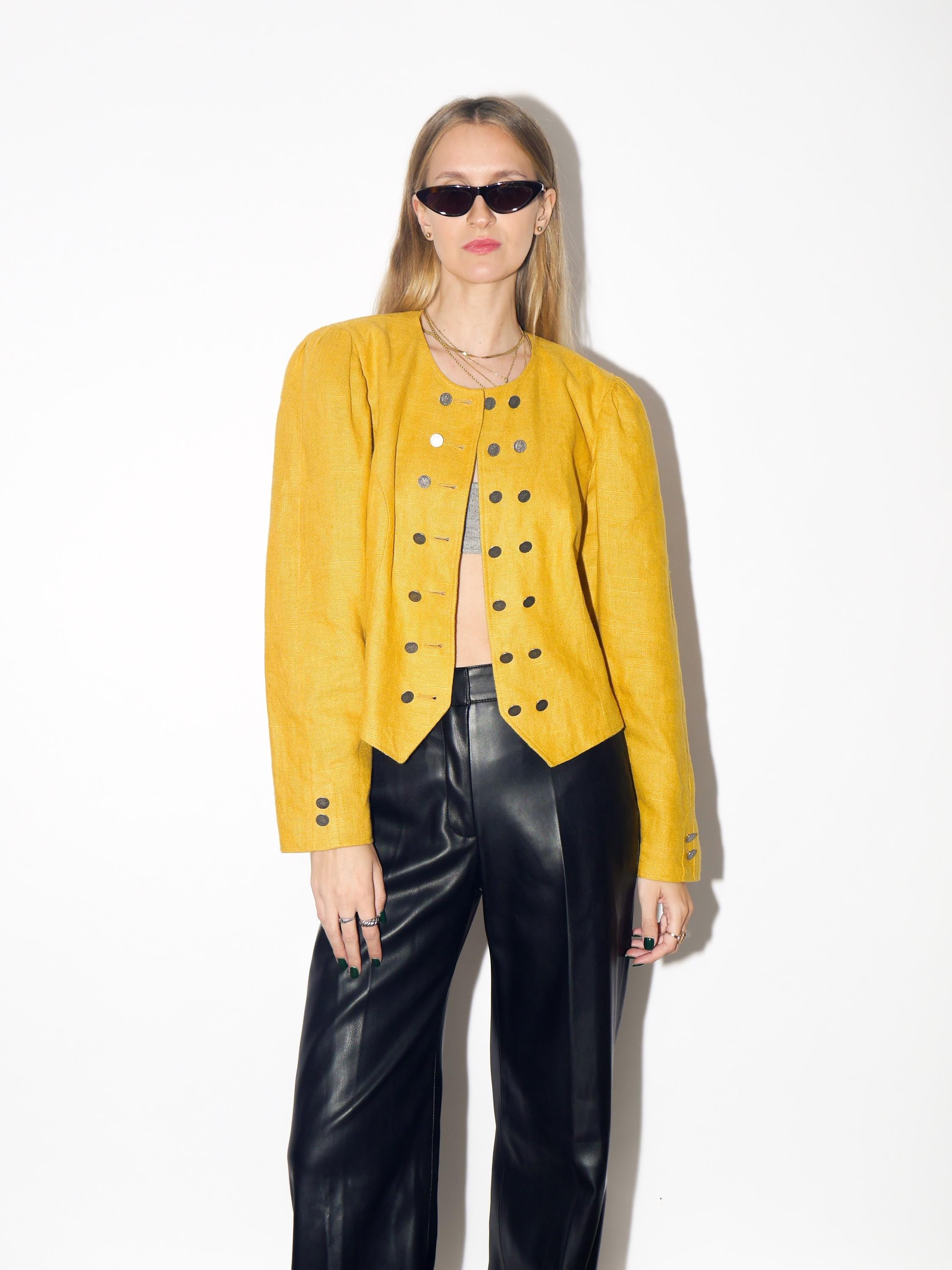VINTAGE Yellow Cropped Linen Jacquard Blazer From The 1980s By Original Salzburger Tracht