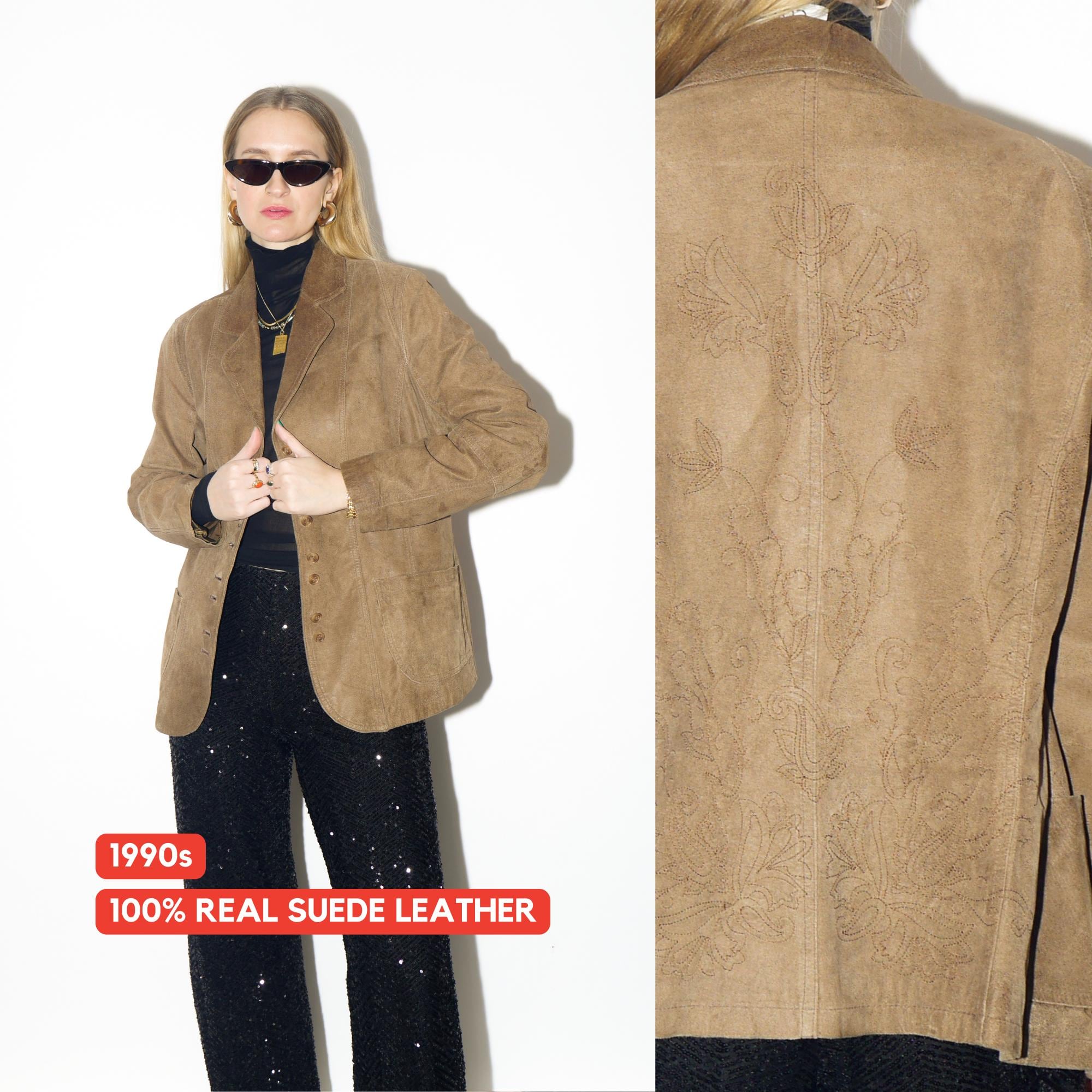 VINTAGE suede blazer from 1990s | beige suede leather jacket with embroidery