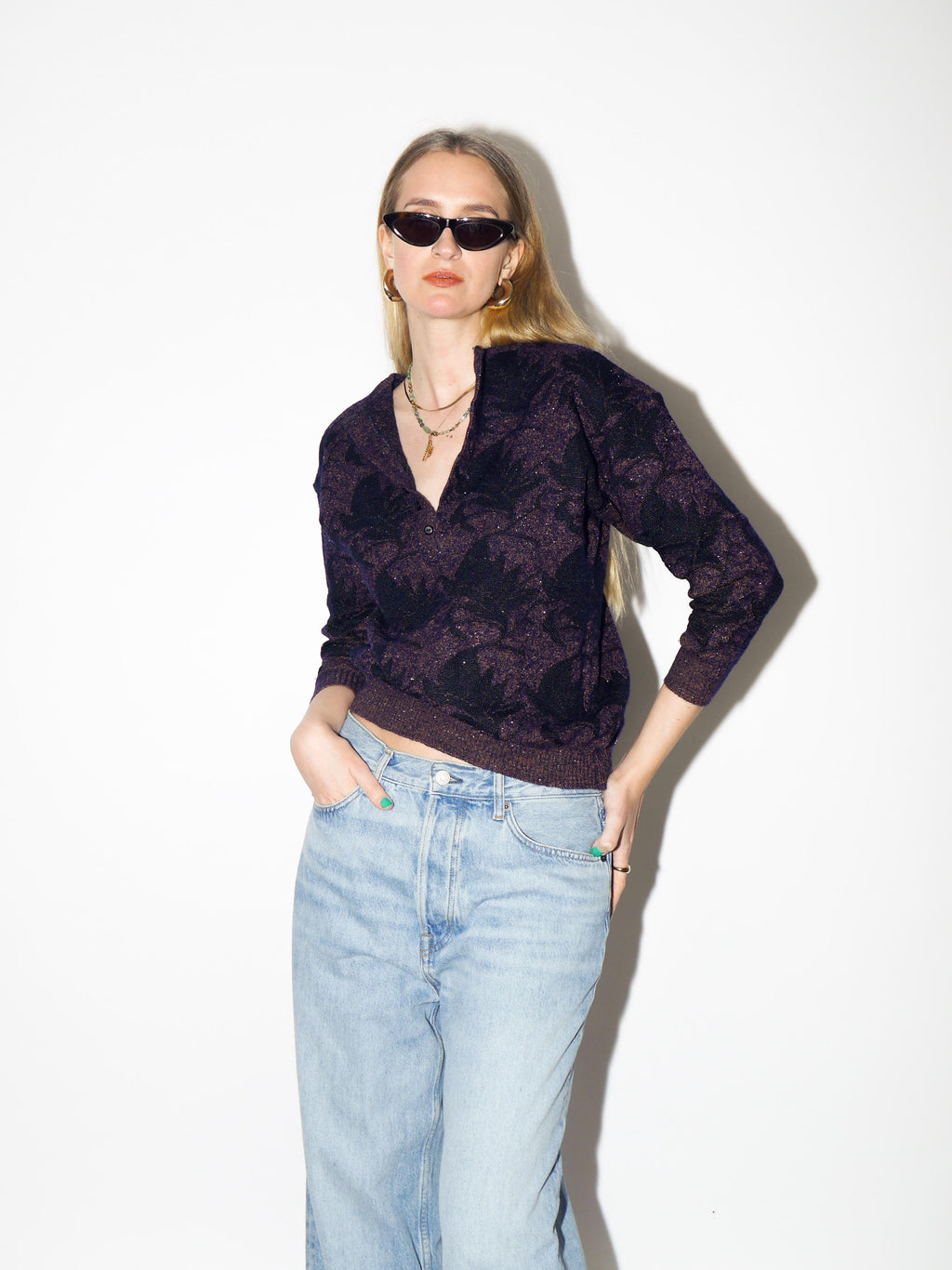 VINTAGE Purple Metallic Sweater from 1980s by Elegantina® in Floral Pattern