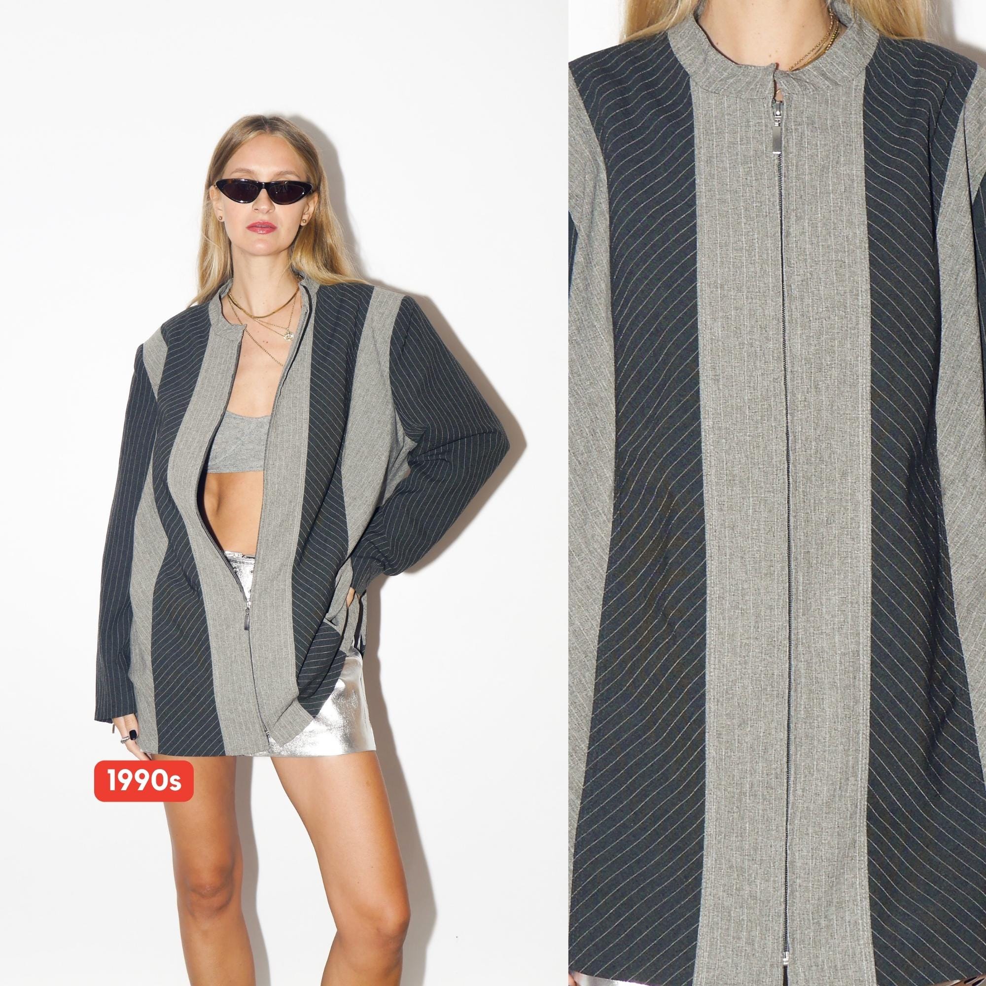 VINTAGE Gray Striped Oversized Blazer From 1990s With Zipper And Shoulder Pads