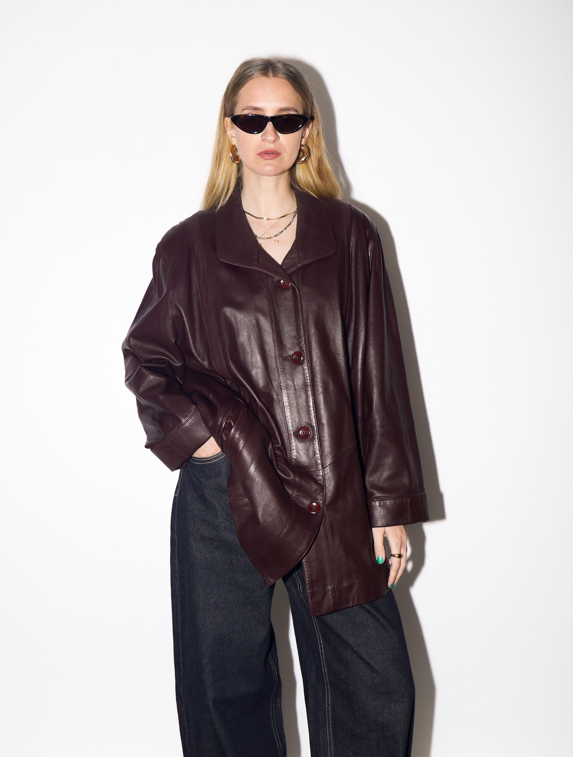 VINTAGE Burgundy Leather Jacket from 1990s | Dark Red Oversize Leather Jacket