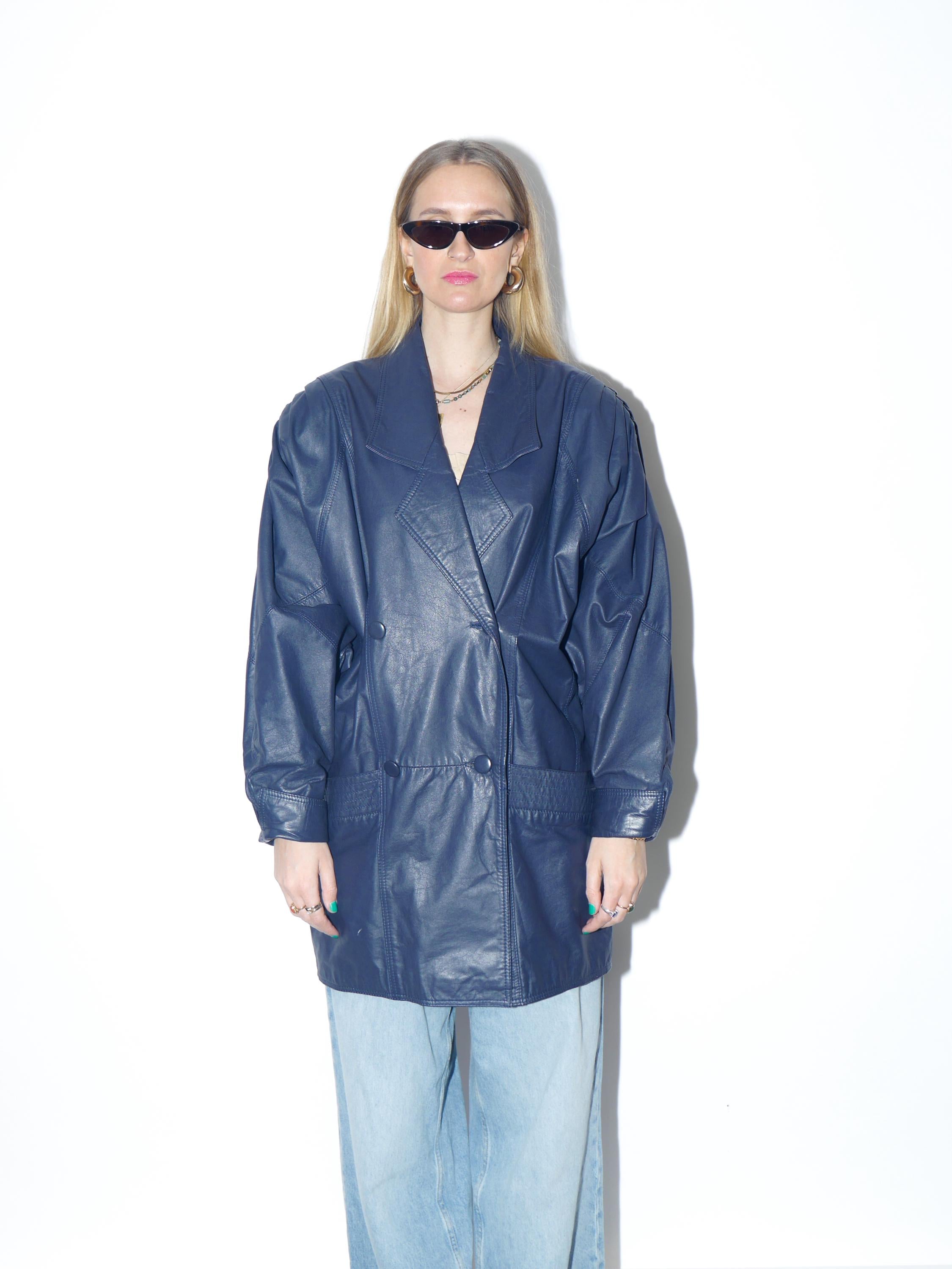 VINTAGE navy blue leather jacket from the 1980s by Renoma® in oversize fit