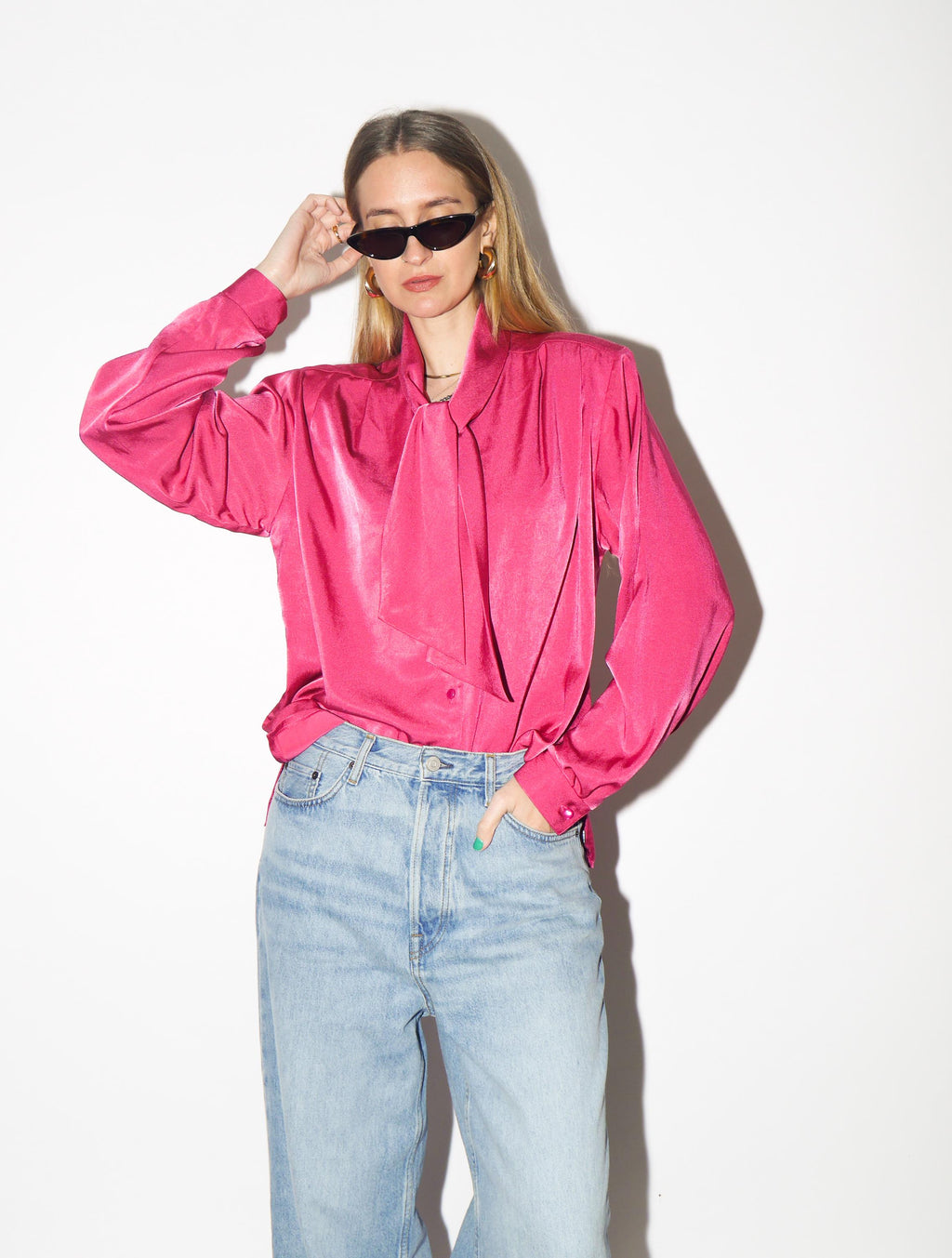 VINTAGE Pink Blouse from 1980s | Deep Pink Shiny Oversize Shirt by Anne Sofie®
