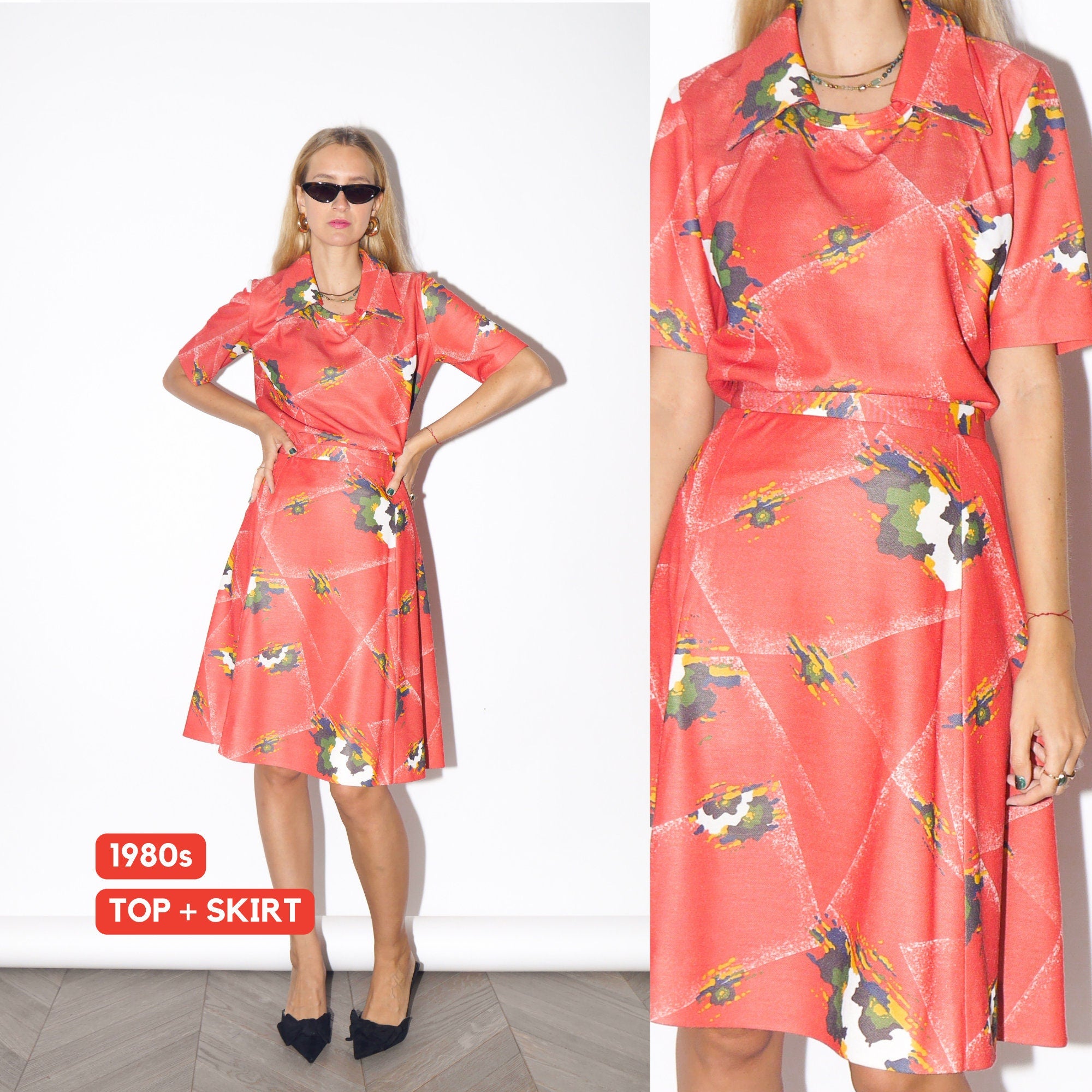 VINTAGE set red coral/white/yellow abstract pattern blouse and skirt from 1980s| matching set of blouse with collar and mid length skirt