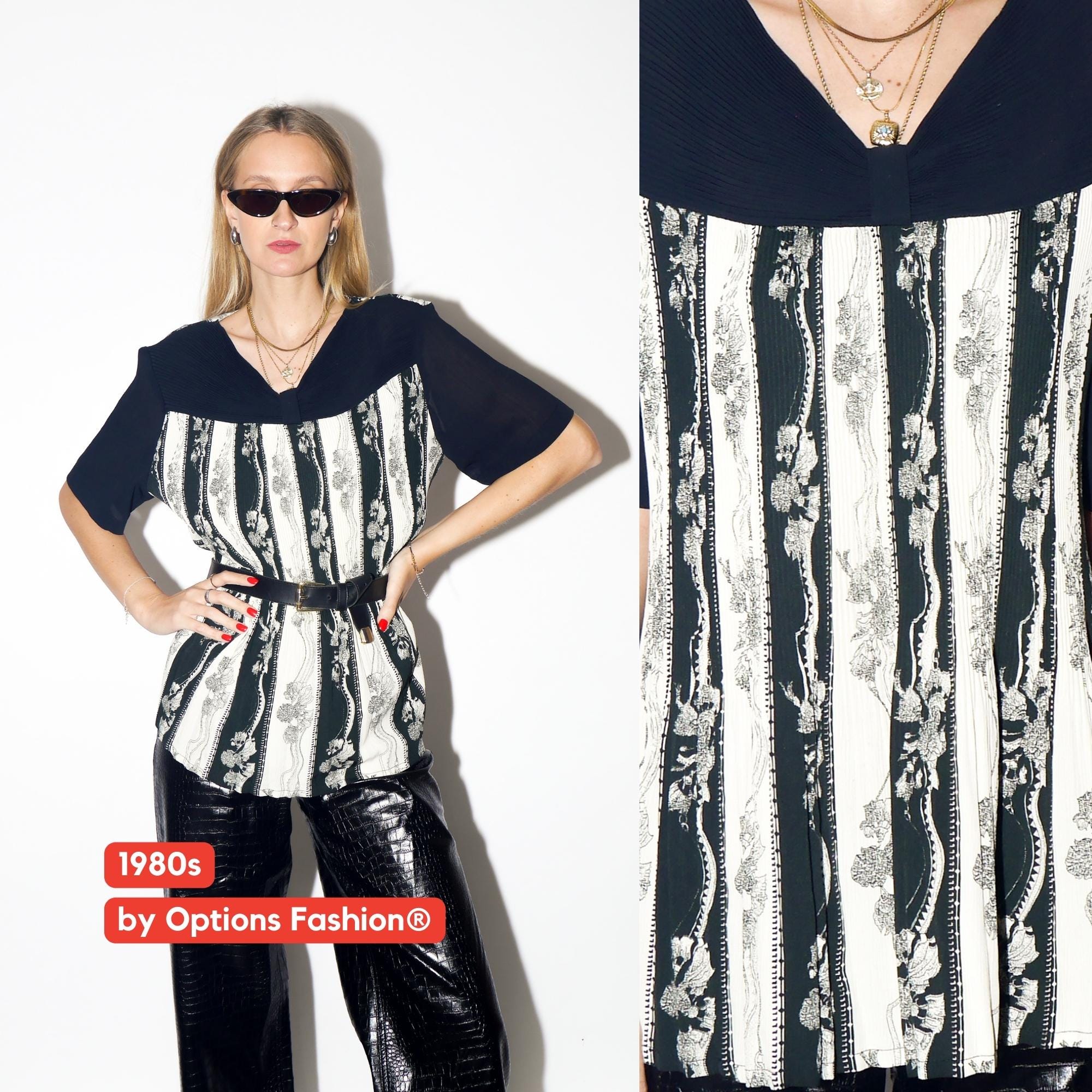 VINTAGE Black And White Pleated Floral Blouse From The 1980s By Options Fashion
