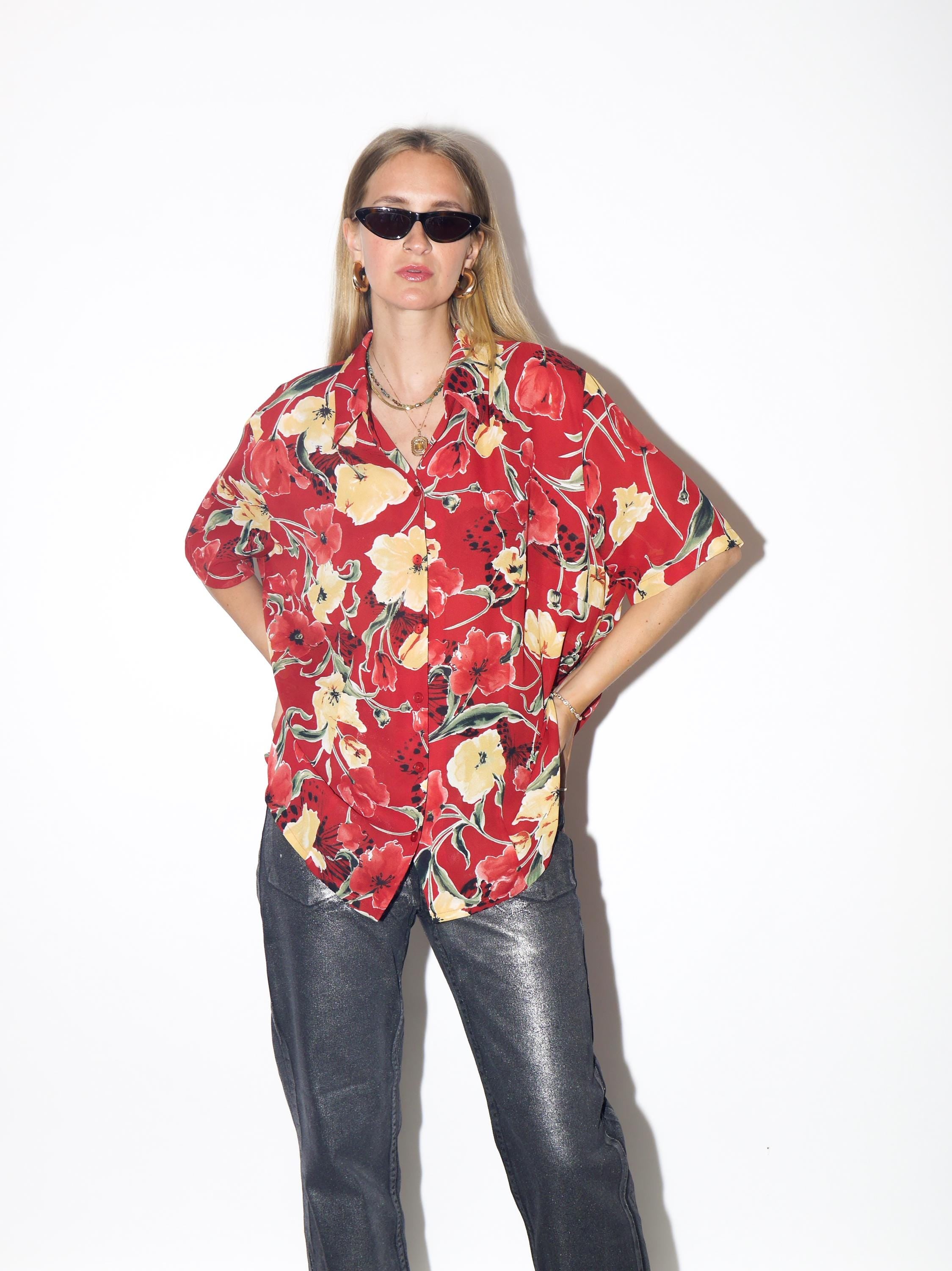 VINTAGE Red And Yellow Tulip Floral Sheer Short Sleeve Shirt Blouse From The 1990s By Basler