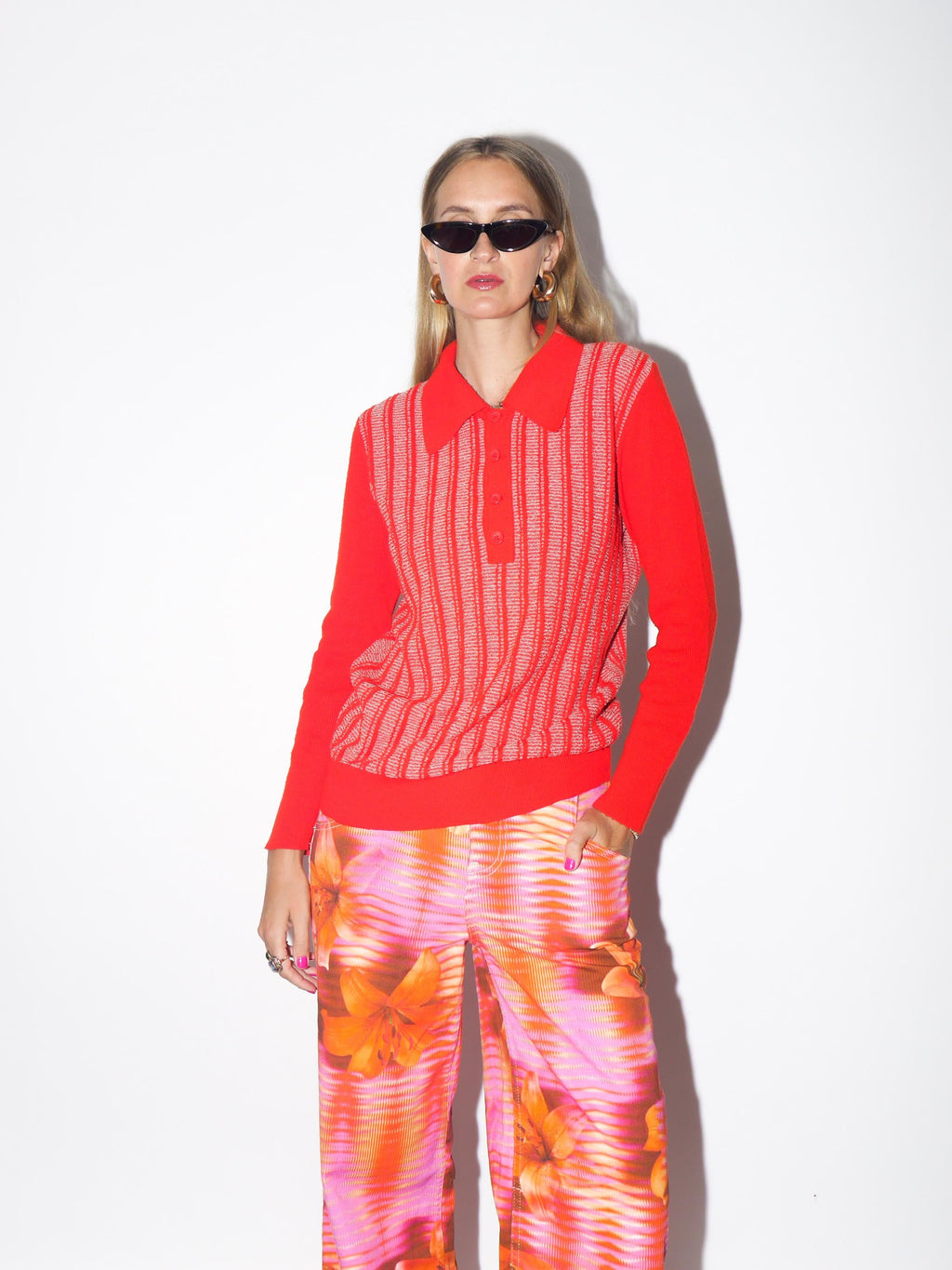 VINTAGE Red Neon Polo Sweater With Stripe Pattern And Long Sleeves From The 1970s (Made In Italy)