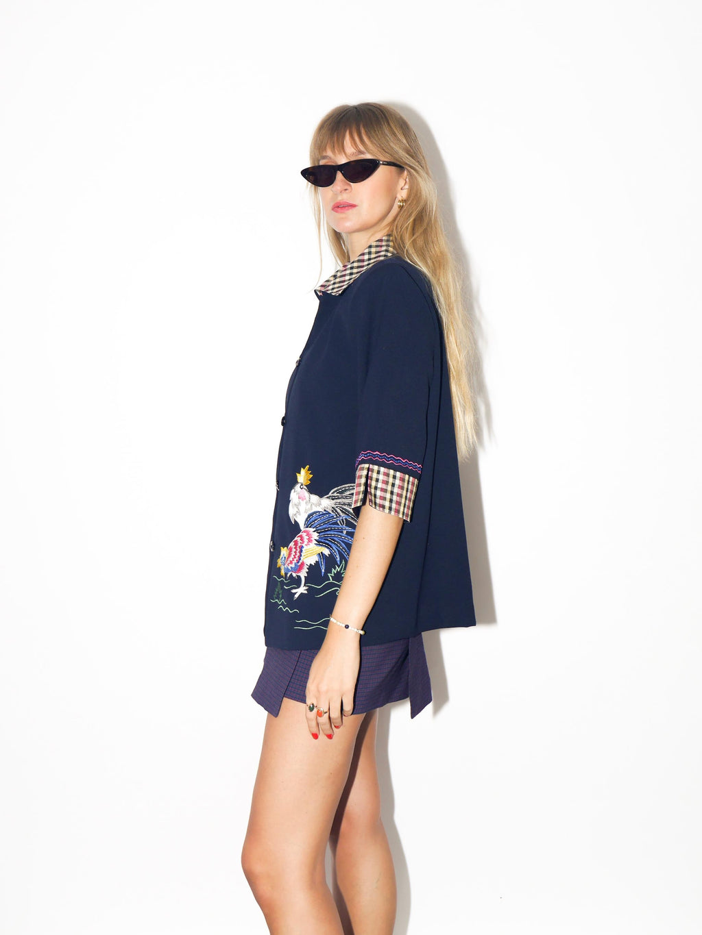 VINTAGE Dark Navy Embroidered Blouse With Rooster Motif And Glitter Buttons From The 1980s