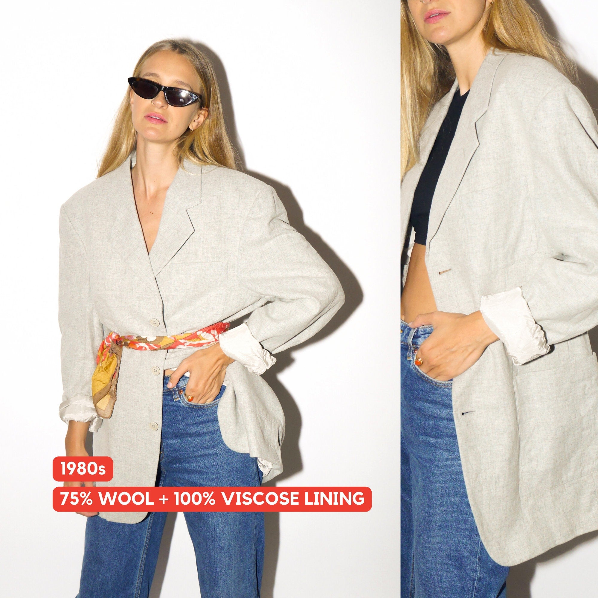 VINTAGE wool blazer from 1980s in grey color with viscose lining by Linea Due®