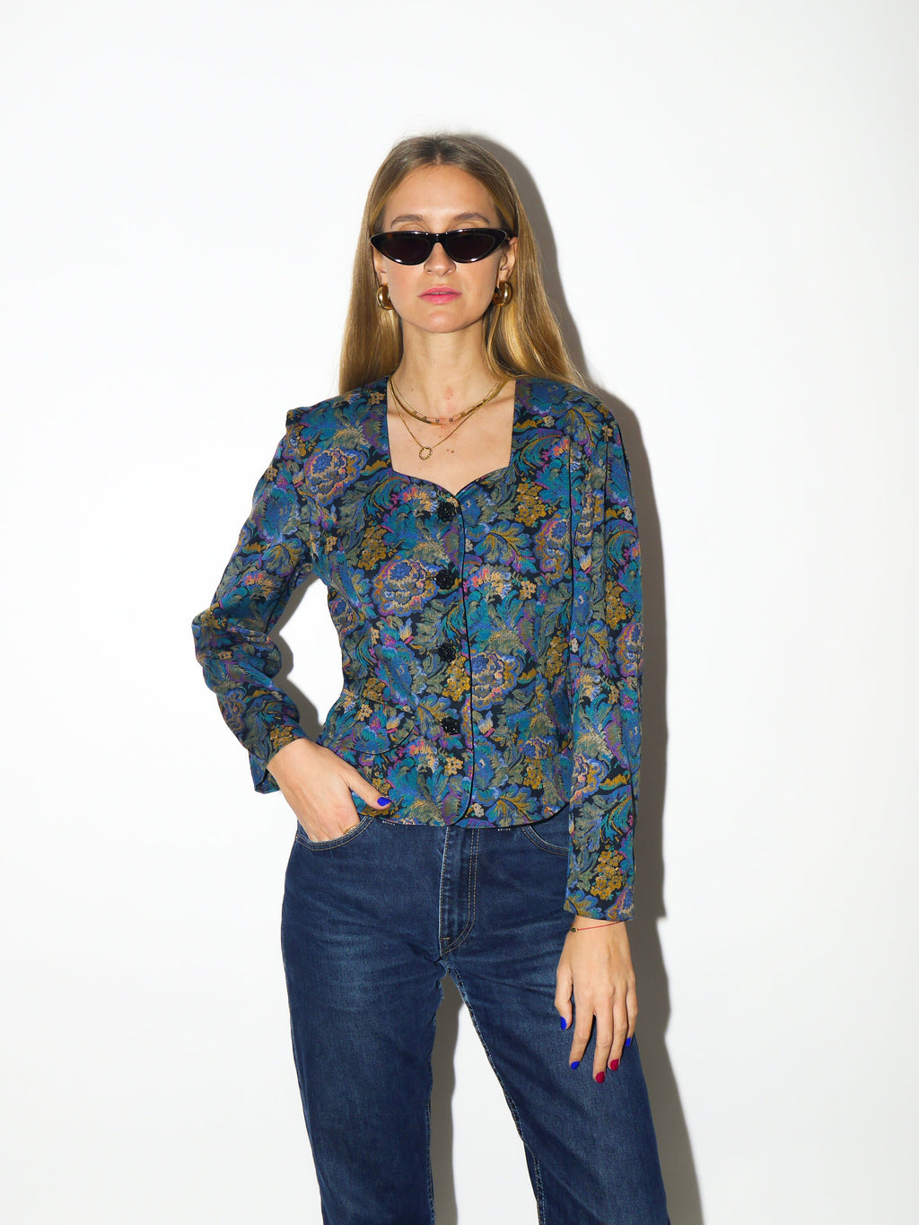 VINTAGE shirt 1980s | Topsi jacquard heart shaped neck blouse | vintage blue and yellow floral top | premium vintage blouse