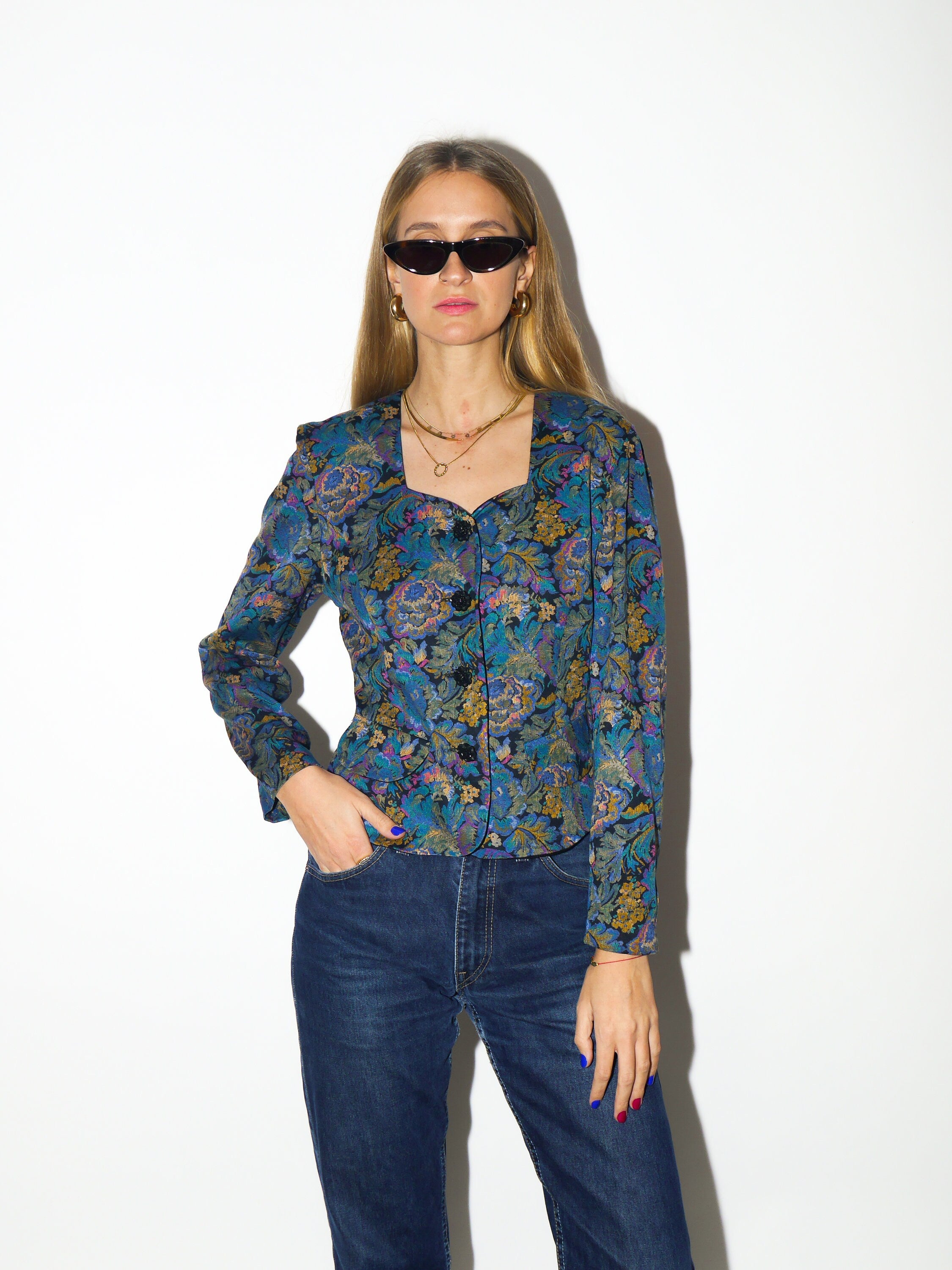 VINTAGE shirt 1980s | Topsi jacquard heart shaped neck blouse | vintage blue and yellow floral top | premium vintage blouse